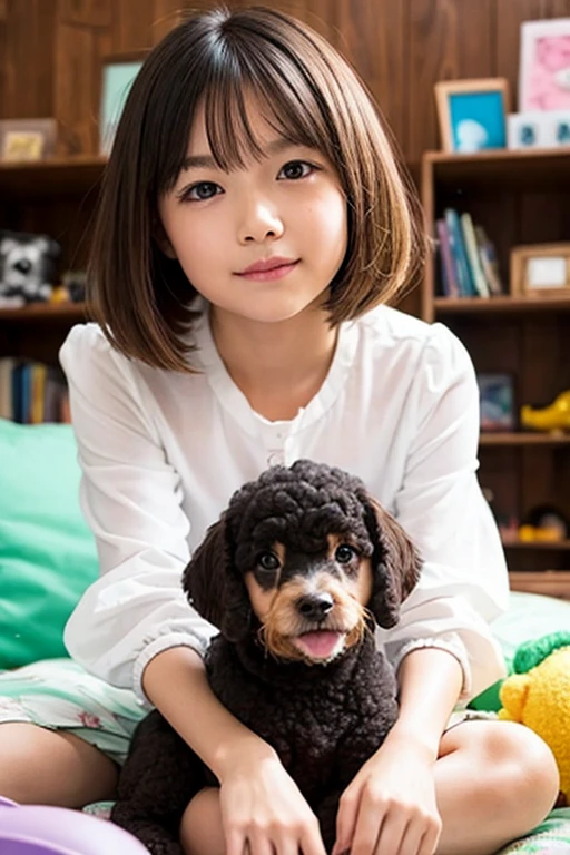 a three years old anime girl with her balck colour poodle