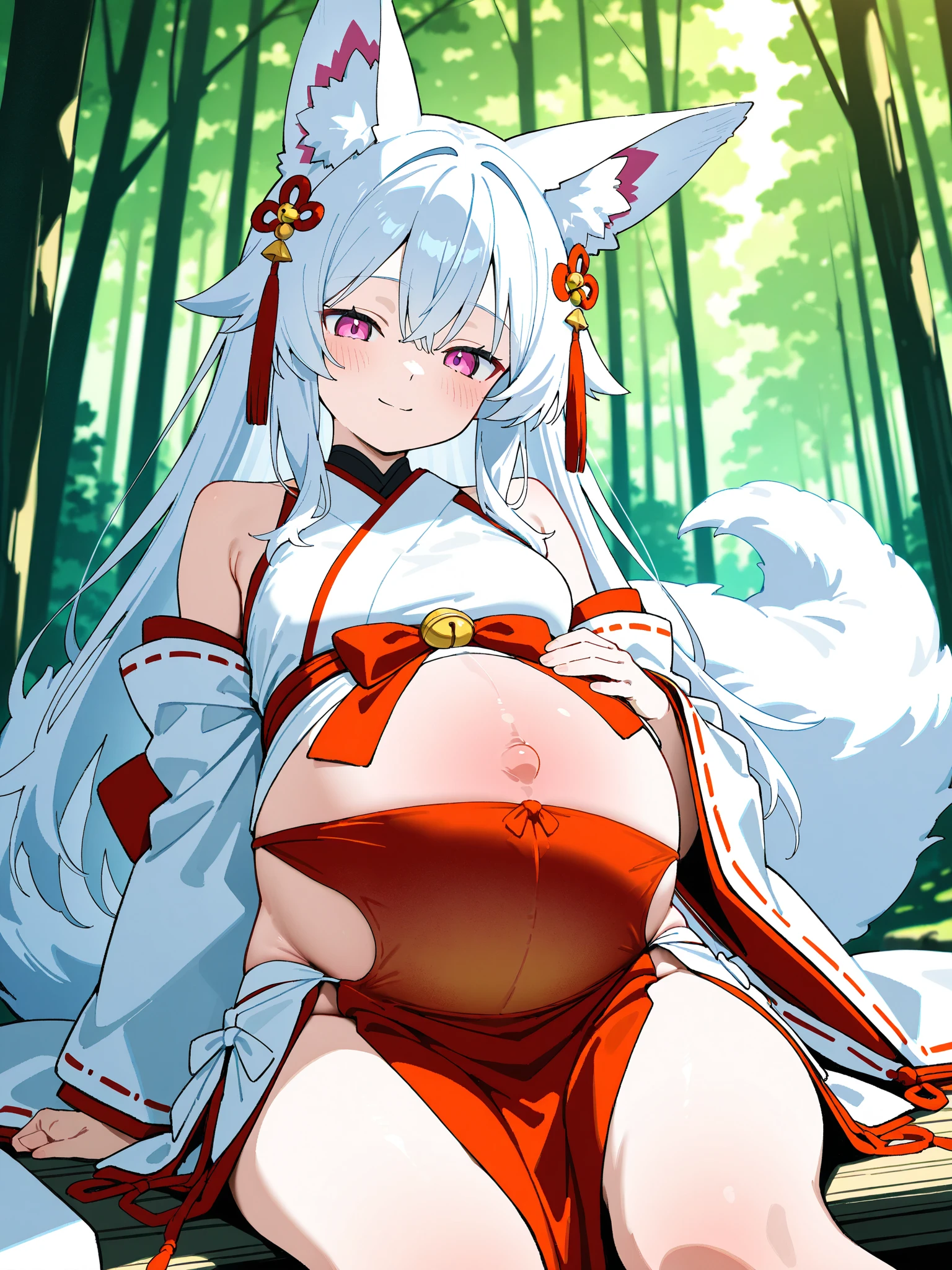 ((best quality, masterpiece, perfect anatomy, detailed picture)), furry, 1female, arctic ferret, sexy, long white hair, ponytail hair, grey eyes, black sclera, ferret tail, summer outfit, panties, red blushing, shy, in the cherry blossom trees, pregnant, pain, breath, uncomfortable, standing