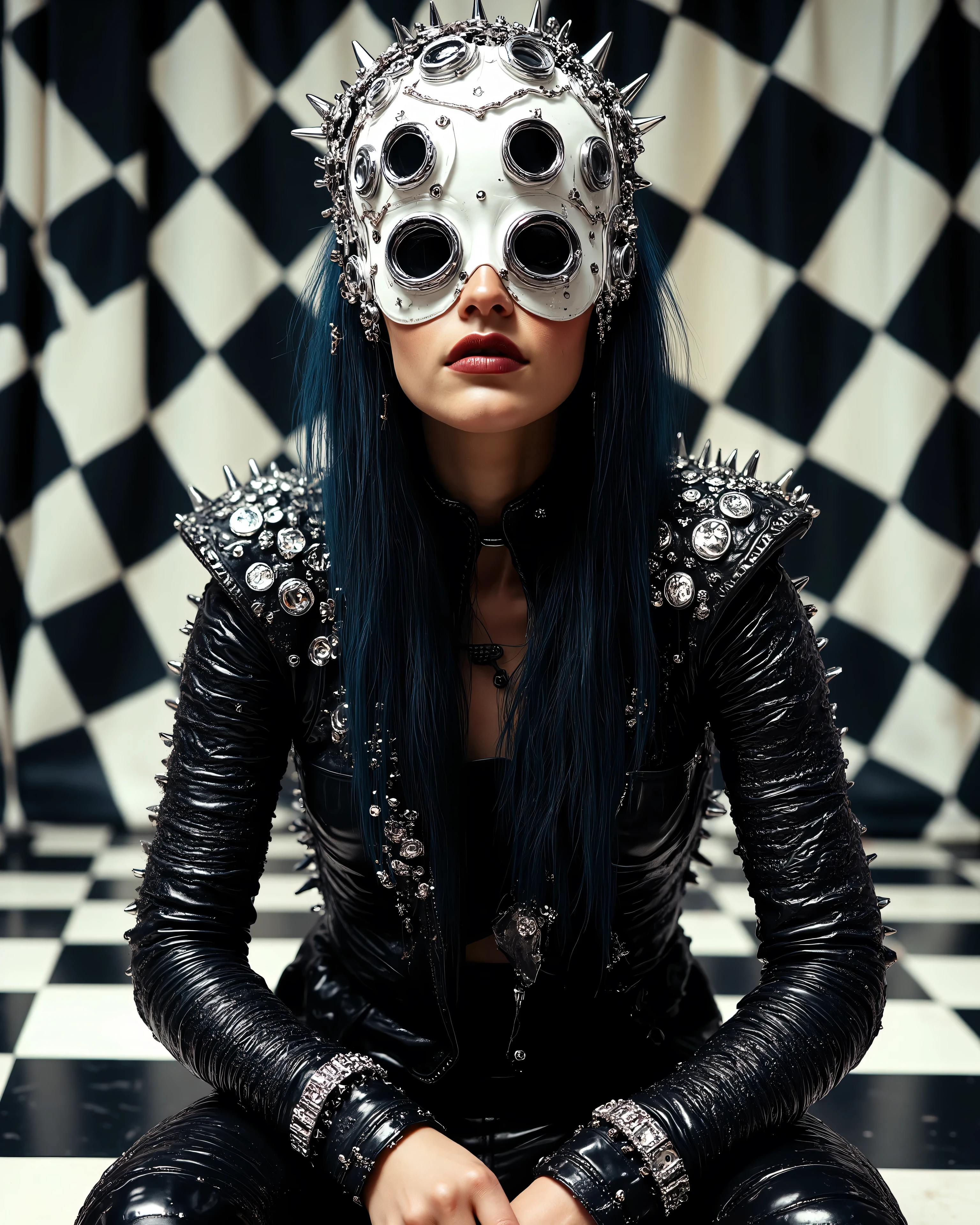 In an environment such as a checkerboard A surreal work that represents a Nordic woman fashion model. The beautiful punk metal woman wears black leather clothing and spikes with huge platform boots that combine intricate details with abstract and geometric shapes, It integrates seamlessly into the environment. Their heads have、 circular eyes and openings scattered throughout the scene, with complex, with a surrealistic structure. The person wears black and white striped clothing that combines intricate details with abstract and geometric shapes, The background has a kaleidoscopic effect with black and white patterns . The general environment in their heads is dreamy ,that turns the uterus upside down ."
