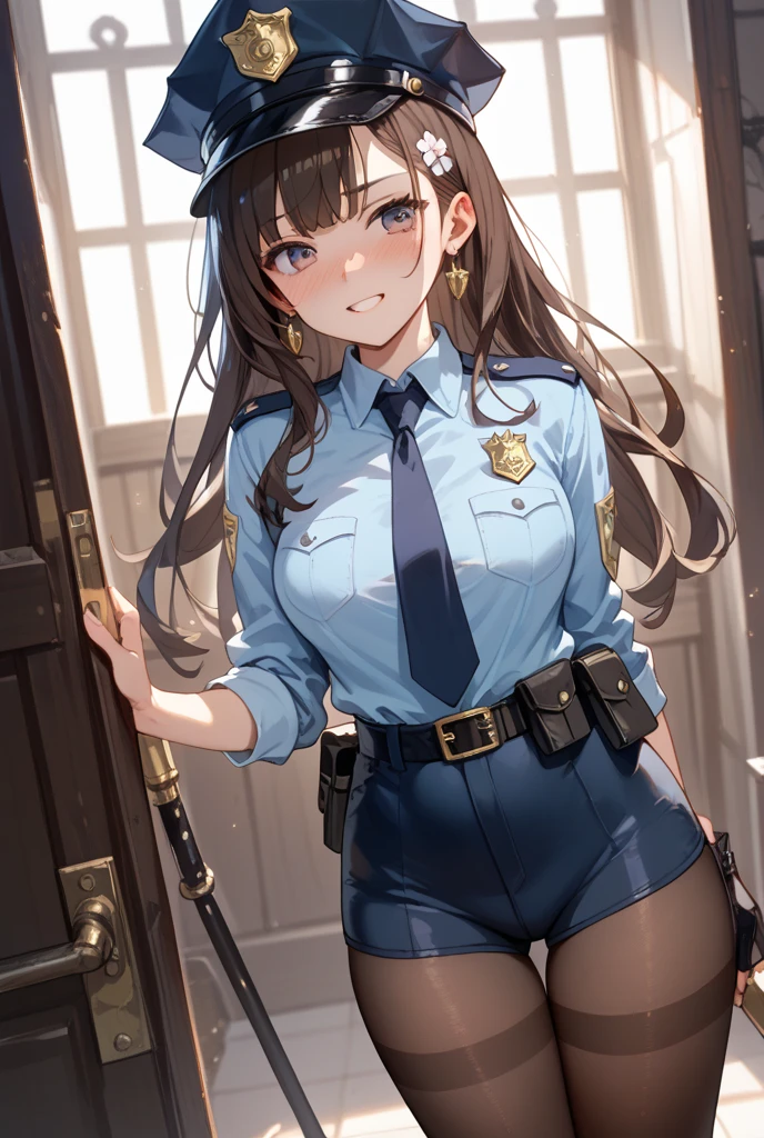 masterpiece, best quality, 1girl,young,japanese idol,stare at,medium hair,wavy hair,brown hair,(policewoman),police hat,police jacket,blue jaket,black belt,mini skirt,blue skirt,(handcuffs),spread legs,smug
