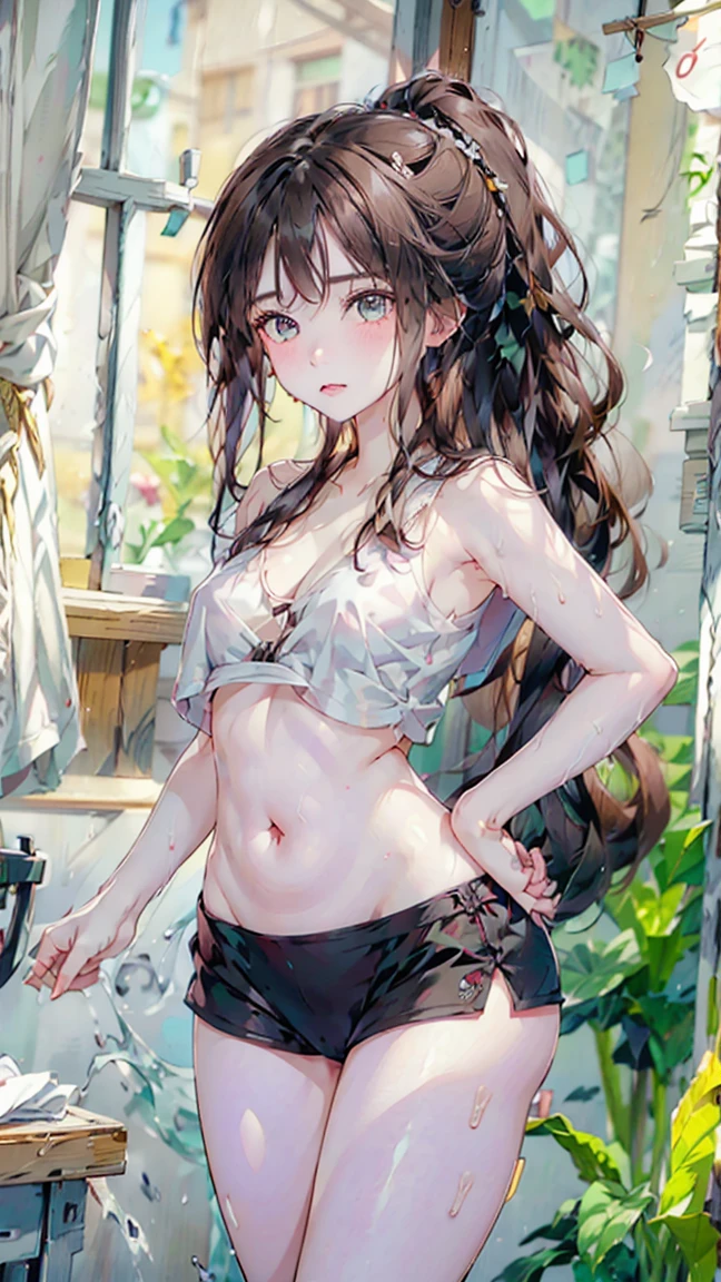Highest quality, Super Resolution, 8k, (Delicate expression), One beautiful junior high school girl, chibichara, very cute, Cute face, Baby Face, Lustrous brown hair, Pigtails, The perfect human body, She is half-naked, Pull down your panties, (Small breasts:1.4), Small breasts, She shows you her nipples, The nipples and areola are pale pink., Lifting her skirt, She shows you her panties, Looking up, Very embarrassed, She is aroused by the sight of a man&#39;s penis, A thin layer of pussy juice is seeping through her panties, She wants you to see her pussy, She wants you to touch her pussy, Begging, Spread your legs wide, Immoral poses, Immoral Eros, Bedroom, On the bed, Make a man crazy, Immature female body, Moist eyes, Tears well up in my eyes, A lewd act only shown to you, She's lustful, Very embarrassed, She feels so horny, Feels good, 興奮でA thin layer of pussy juice is seeping through her panties,  