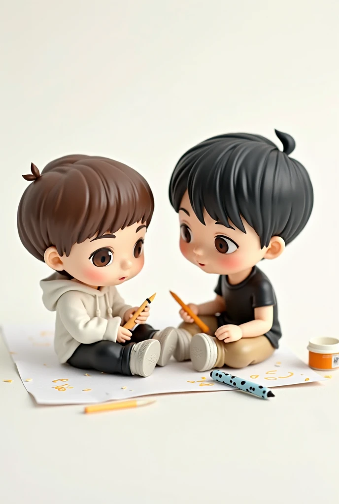 10 year old man with black hair and blonde smiling as two people draw robot in park