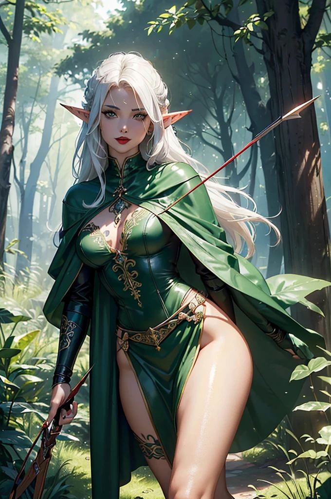 Full body portrait, von Herr der Ringe (Elf, Archer, Langbogen, Pfeil aufgelegt, Bogen gespannt, green cape, Chain mail, pretty woman with small breasts, fester Hintern, trainiert, Pretty face, strahlend blaue Augen), Hintergrund Wald (dicht bewachsen, Trees, Farne, Nachthimmel), Meisterwerk ((hight resolution)), ((sehr detailliert)), sexy Beine, bare feet, keine Schuhe, Bogen in der Hand (Langbogen, Pfeil aufgelegt, Sehne gespannt), Waffe (Langbogen), Waffe (Dolch, wearing on the belt, Lederscheide, mit keltischen Runen verzierter Griff)