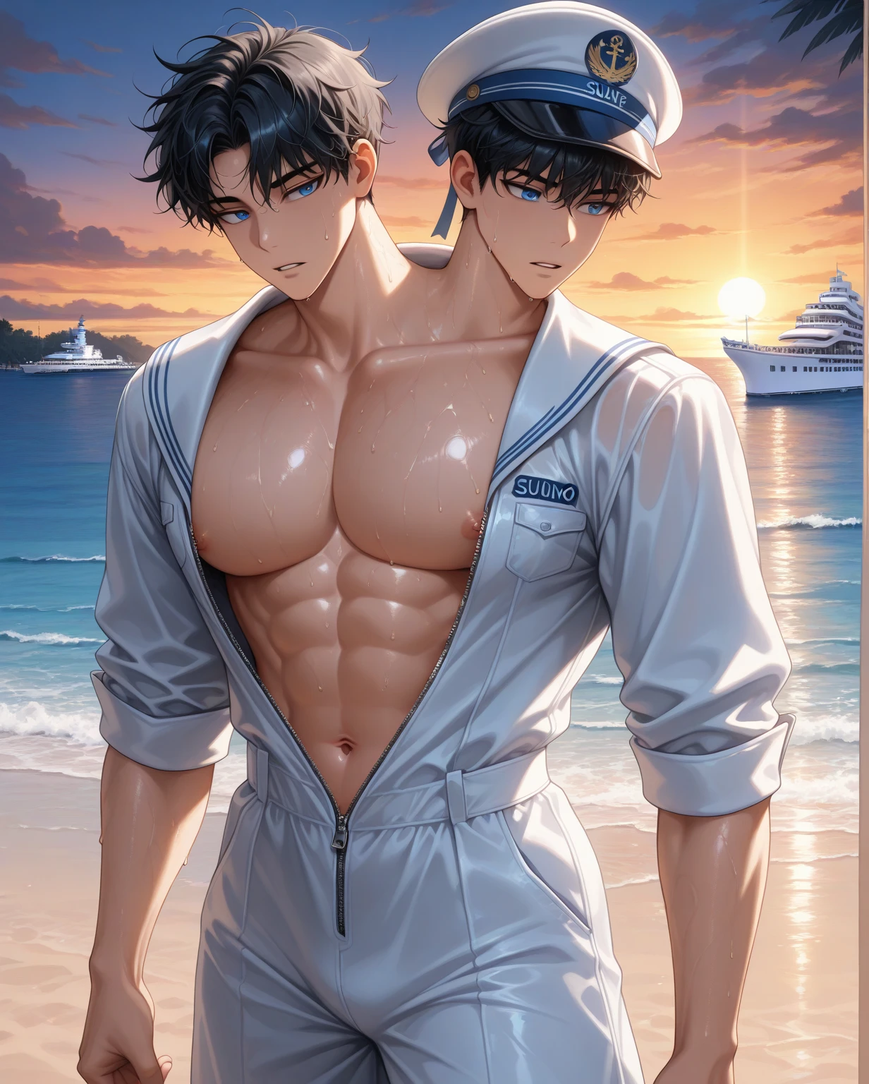 ((Highest quality)), ((masterpiece)), (detailed), gay swimwear men short hair