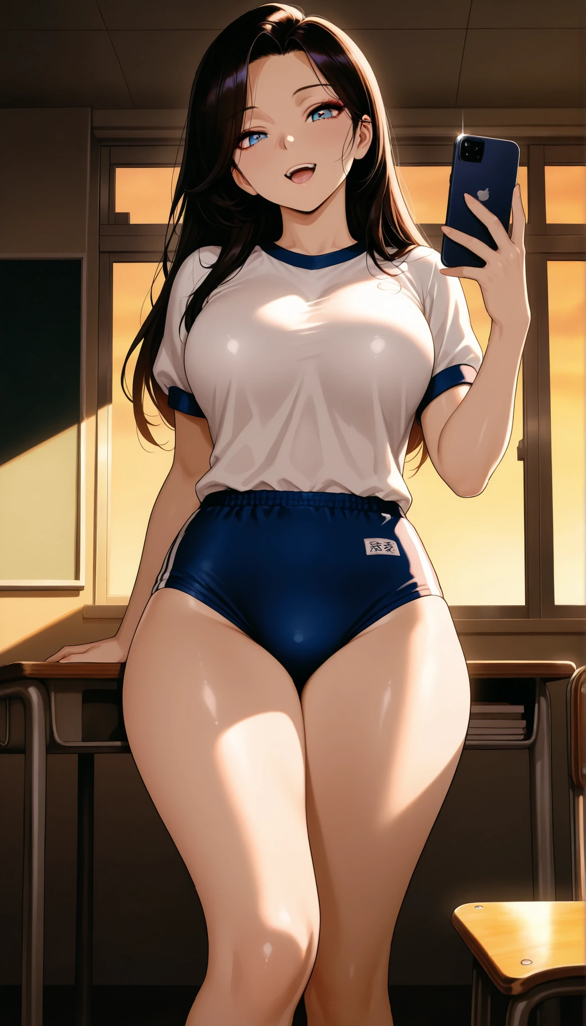1girl, woman showing off her smartphone to viewers, classroom at dusk, tilt her head, Sexy, erotic, upper body, Beautiful Eyes, beautiful face, School girl, 18 years old, (Comic Eye), dark haired,Princess Cut, curled eyelashes, (Gym Clothes, buruma, thighs), Smile, (love), open your mouth, side in the double, evening, Dark Room, Cinematic Writing, masterpiece, top quality, amazing quality, very beautiful, very high resolution, Newest, Realistic, super detail, very detailed, nsfw, Explicit
