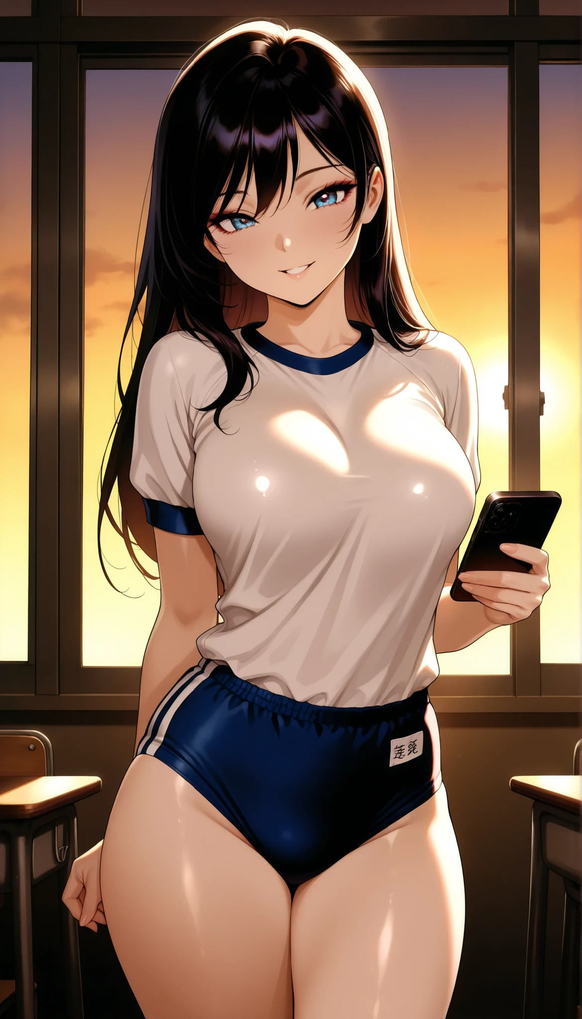 1girl, woman showing off her smartphone to viewers,  classroom at dusk, tilt her head, Sexy, erotic, upper body, Beautiful Eyes, beautiful face, School girl, 18 years old, (Comic Eye), dark haired,Princess Cut, curled eyelashes, (Gym Clothes, buruma, thighs), Smile, (love), open your mouth, side in the double, evening, Dark Room, Cinematic Writing, masterpiece, top quality, amazing quality, very beautiful, very high resolution, Newest, Realistic, super detail, very detailed, nsfw, Explicit