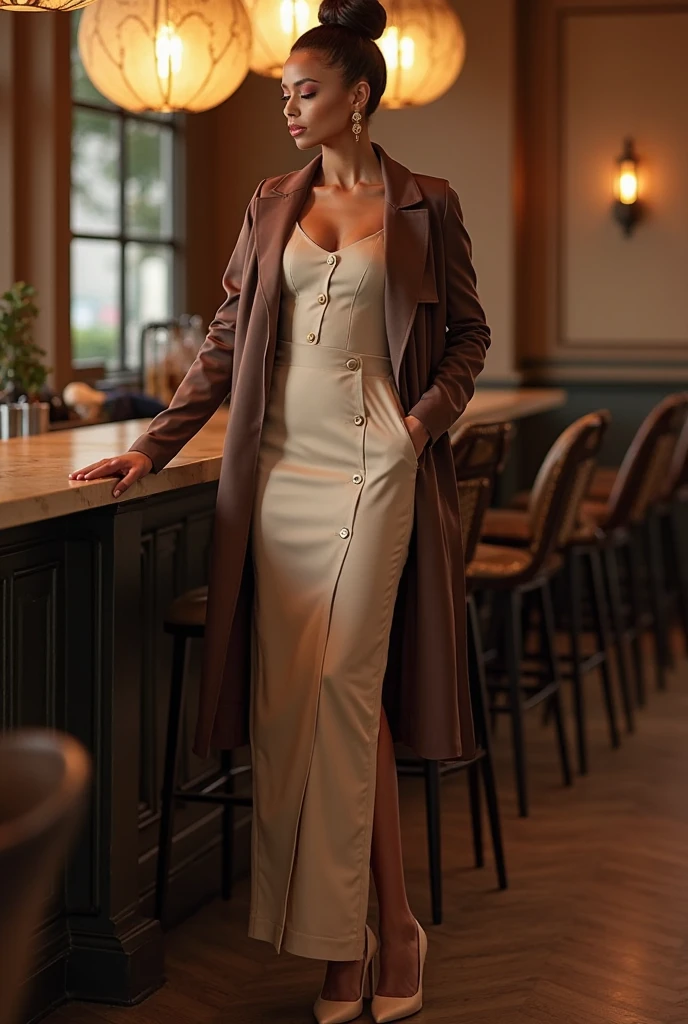 (Best quality, 4K, high resolution, masterpiece:1.2), ultra-detailed, realistic (photo-realistic:1.37), 40 years old, Russian woman, Matriarch of the Russian Mafia Gang, ambitious, elegance, calm, charming, intimidate, (blonde hair, power ponytail hairstyle), perfect lash, perfect makeup, sun-tan skin, expressive blue eyes, wine lips, mature woman charms, seductive allure, perfect hourglass body shape, long toned legs, flat abs, perfectly round E cup breasts, very Tall, slim, with peachy hips, ((Wearing elegance beige Vicuña coat and matching white pants)), ((long lacquer high heel Boots)), Background featuring luxurious penthouse.
