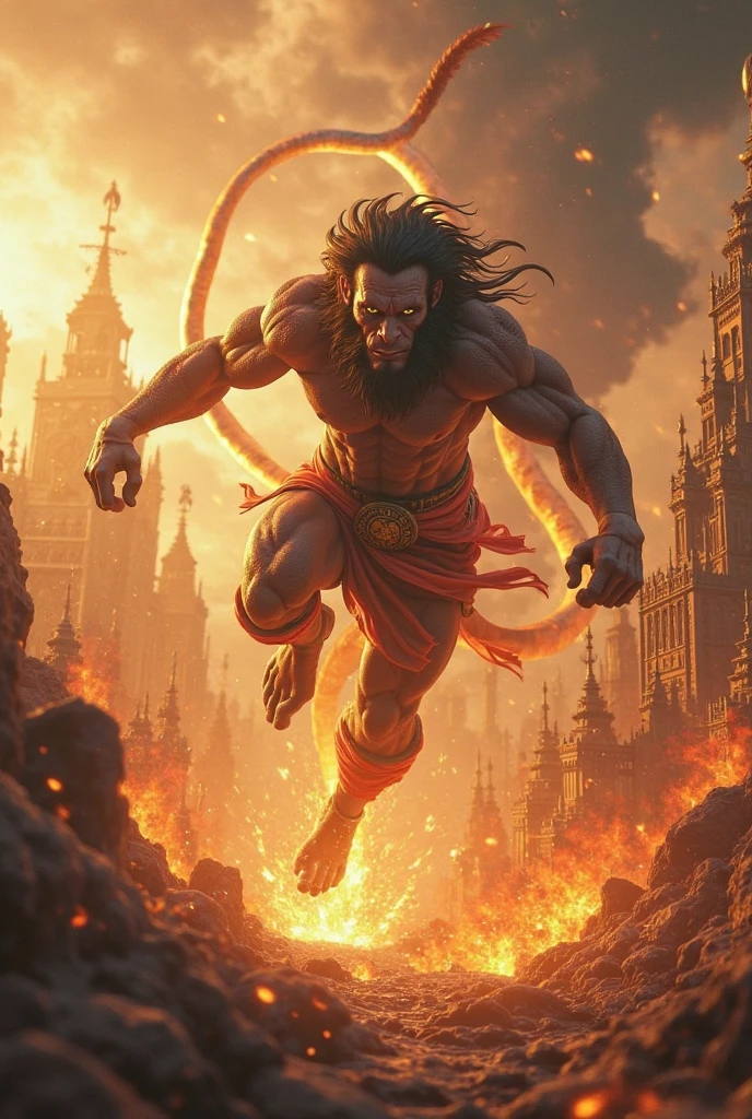 Create an image in digital comuc style:-
A dramatic night scene with the city of Lanka engulfed in flames. Hanuman, with his tail ablaze, flies over the city, his expression determined and unyielding. The golden palaces and structures of Lanka burn fiercely, with sparks flying and smoke rising into the night sky. The scene is chaotic, with a mixture of fiery reds, oranges, and the dark blues of the night.