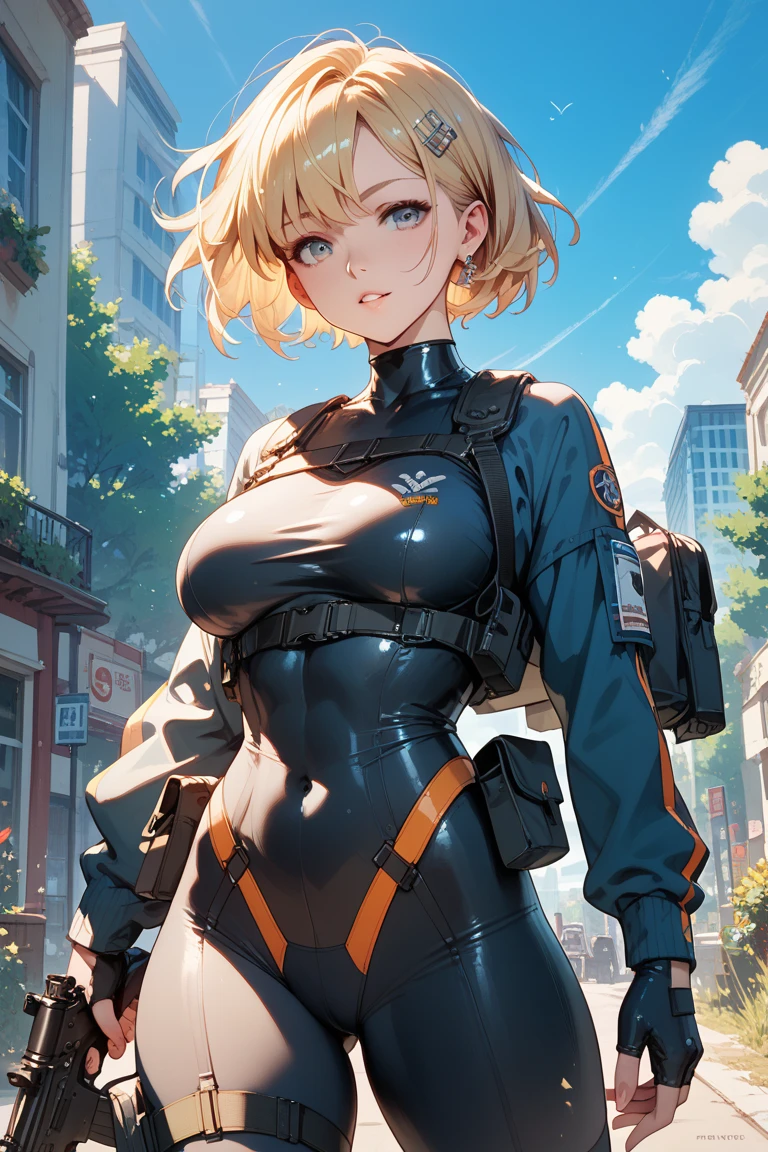 masterpiece, best quality, hires, 1girl, medium breasts, ((leotard, light blue leotard)), long sleeves, ((lighting bolt (emblem) on chest)), (bare legs), (fastened tight belt), boots, matching boots, gloves, city backdrop, solo, single, standing, full body shot, cowboy shot, superhero, beautiful detailed eyes, blonde hair, (short hair, wavy hair), high school backdrop, outdoors, mature lady, teacher, perfect body, good proportions