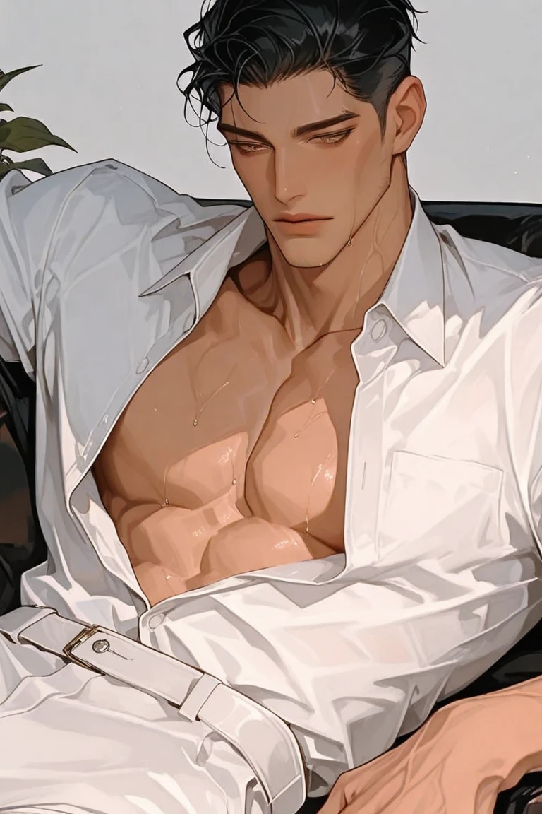 A wet handsome man, male in a wet white shirt and boxers, open legs, big chest, handsome man, handsome guy, handsome stunning realistic, portrait of a handsome man, clothed in wet white shirt, sweat, ((best quality)), ((masterpiece)), (detailed)