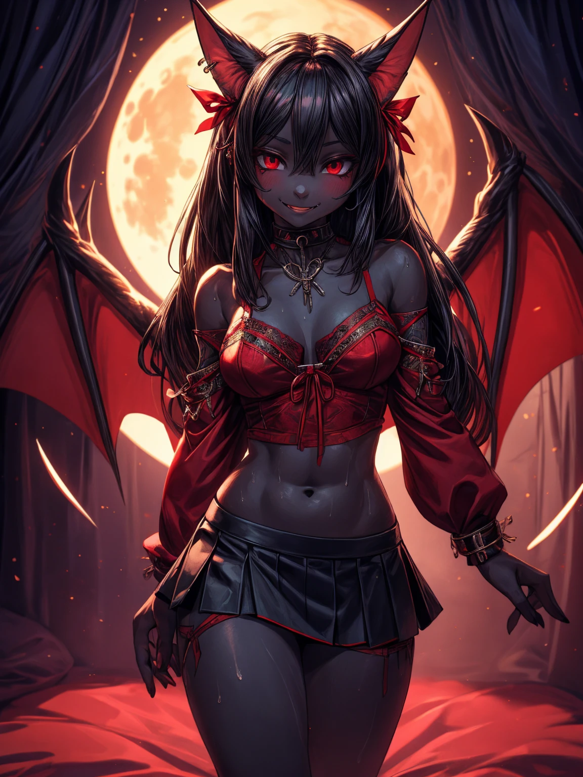 masterpiece, best quality, demon girl, red skin, very young girl, 10 years old, , red skin, red eyes, dilated pupils, glowing eyes, pointed teeth, pointed ears, horns, black hair, evil grin, navel piercing, demon wings, demon tail, night sky