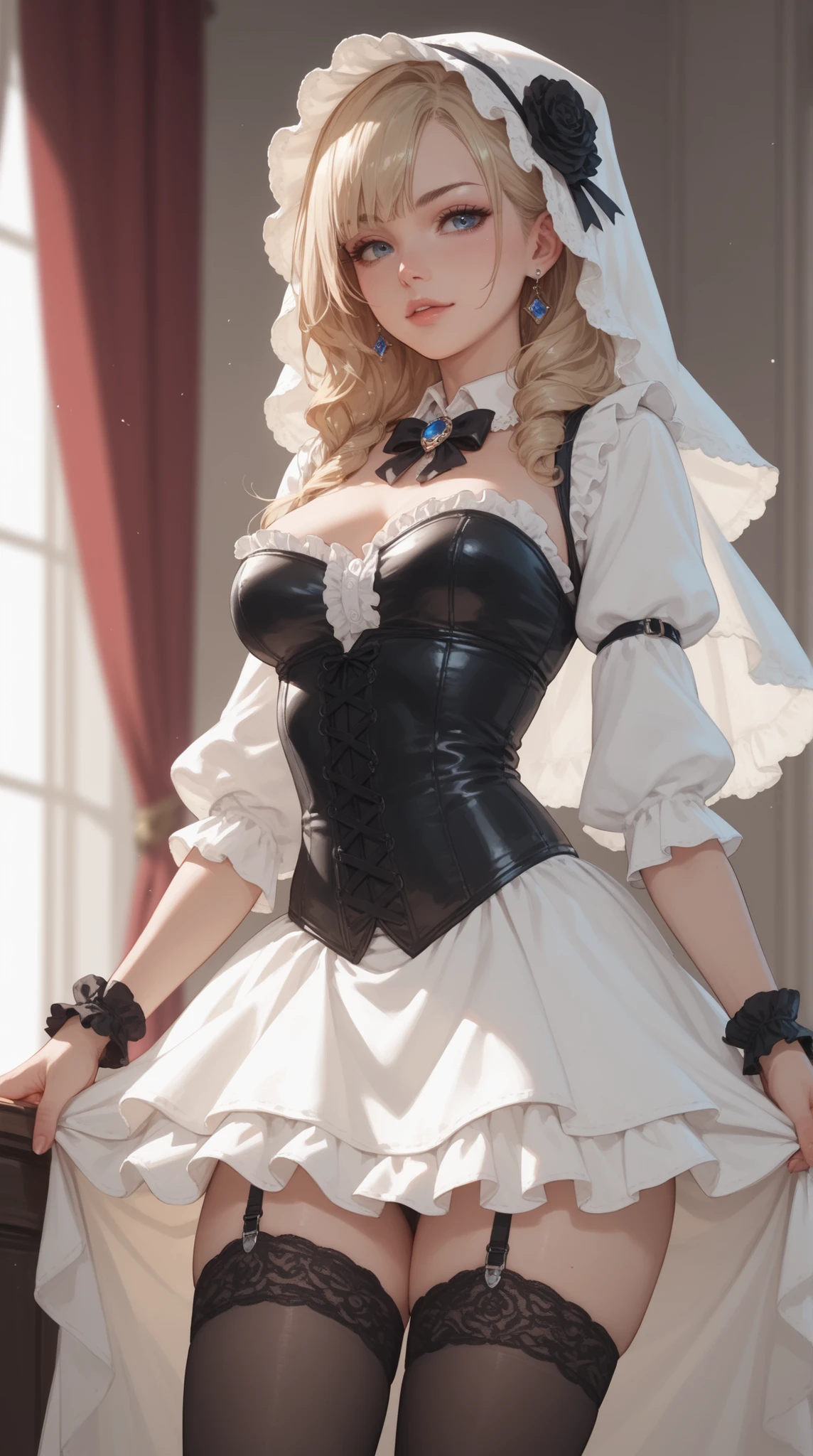 (masterpiece, best quality, absurdres), 1girl, solo, blush, gigantic breasts, bursting breasts, <lora:frigga_lastorigin_v1-000015:0.9>, <lora:FEFatesMaid_v1:1>, fates maid, maid, fethered, black shirt, black skirt, enmaided,
friggadef, blonde hair, medium hair, side braids, blue eyes, bear ears, maid headdress, frills, long sleeves, mechanical hands, standing, motherly, mature female, bridal gauntlets, juliet sleeves, 
snow, castle, overcast, cobblestone, ice,