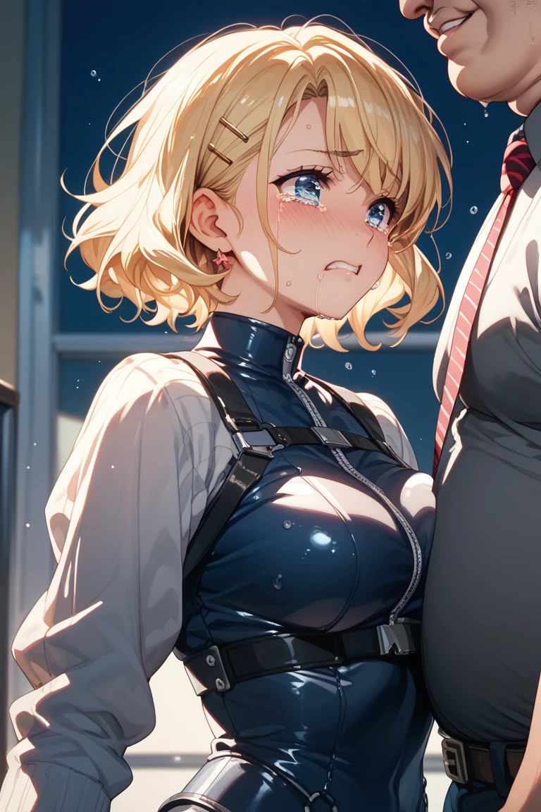 score_9, score_8_up, score_7_up, rating_explicit, masterpiece, best quality,high quality,highres,very aesthetic, absurdres, high detailed,optimal lightning,4k,8k wallpaper, source_anime, uncensored,official art, official style, megami magazine,BREAK,1girl,yuka, blonde hair, breasts, cleavage, ponytail, open jacket, black top,unamused,disappointed,embarrassed,faceless male,male behind female,waist grab, sex from behind, bent over,standing sex,front view,