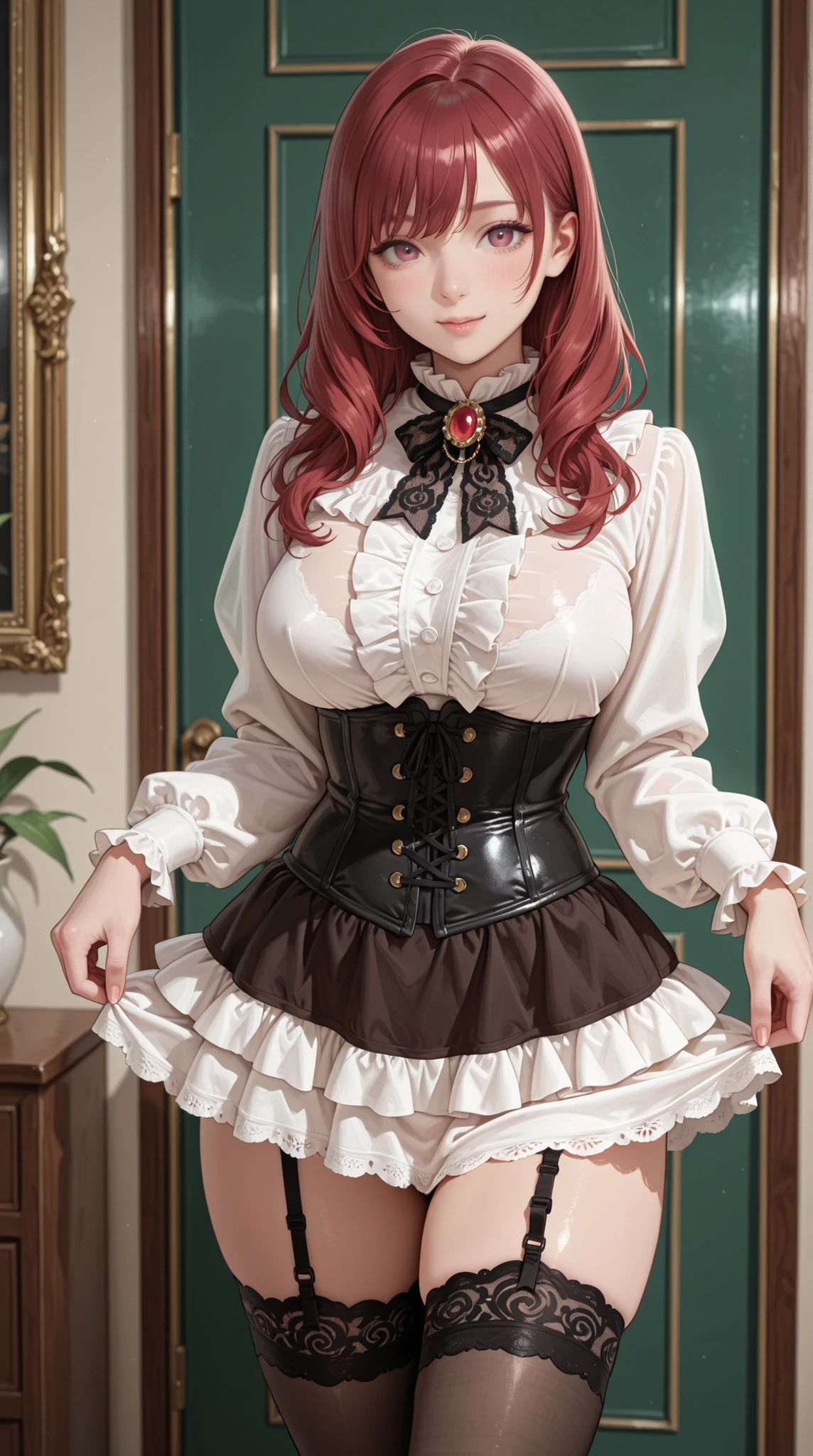 womanhood, Frill Blouse, lace tie with brooch, tight miniskirt, corset, garter stockings,