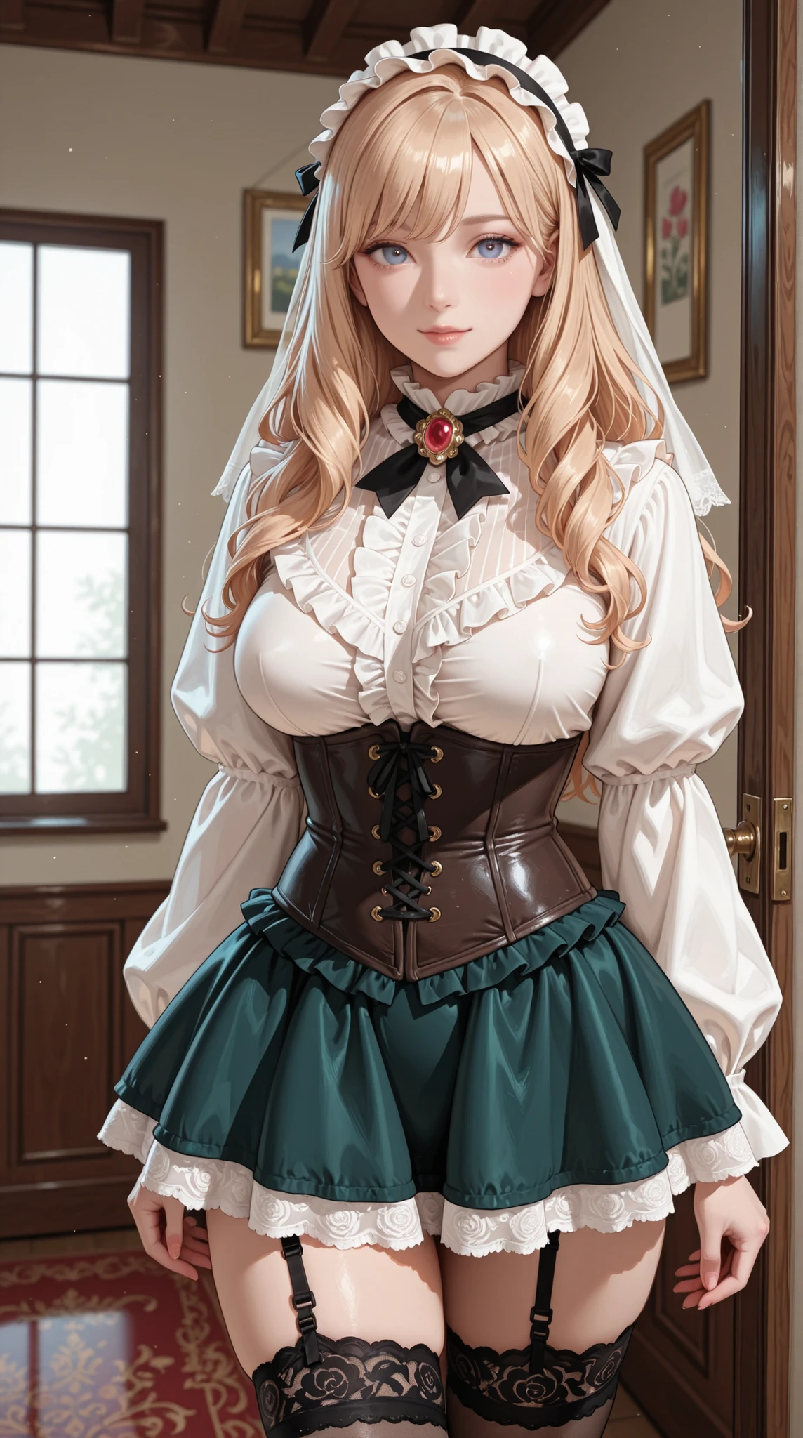 womanhood, Frill Blouse, lace tie with brooch, tight miniskirt, corset, garter stockings,