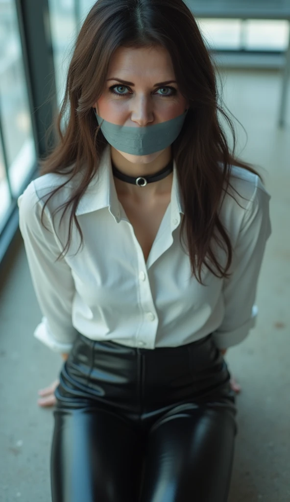 (absurdres, 8k, 4k, masterpiece, hyper extreme detailed:1.2), solo, front view portrait, best quality, portrait, solo, adult, cowboyshot, perfect anatomy, 1girl, perfect face, expressive eyes, perfect eyes, (masterpiece, best quality:1.2), cowboy shot, solo, 1girl, akame \(akame ga kill!\), expressionless, closed mouth, looking at viewer, black collared shirt, red necktie, sleeveless, skirt, red eyes, stoic, quiet, gloves, dynamic pose, half body,  bound, bondage, (arms behind back:1.4), bdsm, tape gag, tape, tape bondage, restrained, best anatomy, half body, tape wrapped, wrap gag, tightly bound, tape wrapped around face, black hair, black collared shirt, red necktie, sleeveless, black skirt,