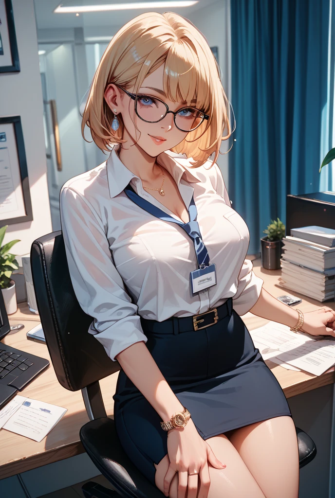 Blonde Shorthair　Glasses　white blouse　black tight skirt　stockings　(lanyard id card)　50 years old　red rouge plump lips　round face　Plump　Eyes meet　Sitting at a computer desk in an office in a high-rise building　sunset　A female secretary who gives advice　