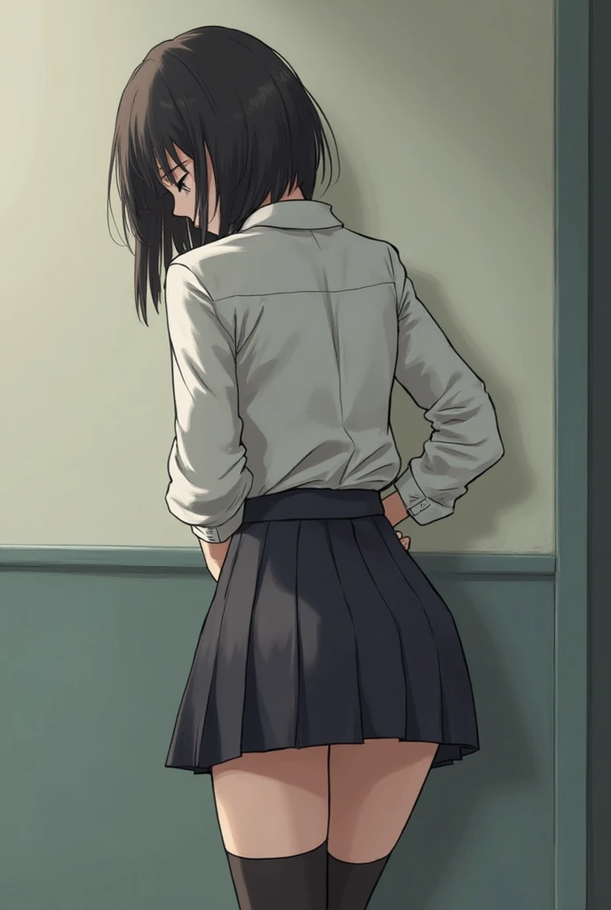 momo yaoyorozu, teen, pleated green mini skirt, thighs, white mid thigh stockings, upskirt, camel toe, panties rosa, topless, medium breasts, small nippless, in front of mirror, perfect body