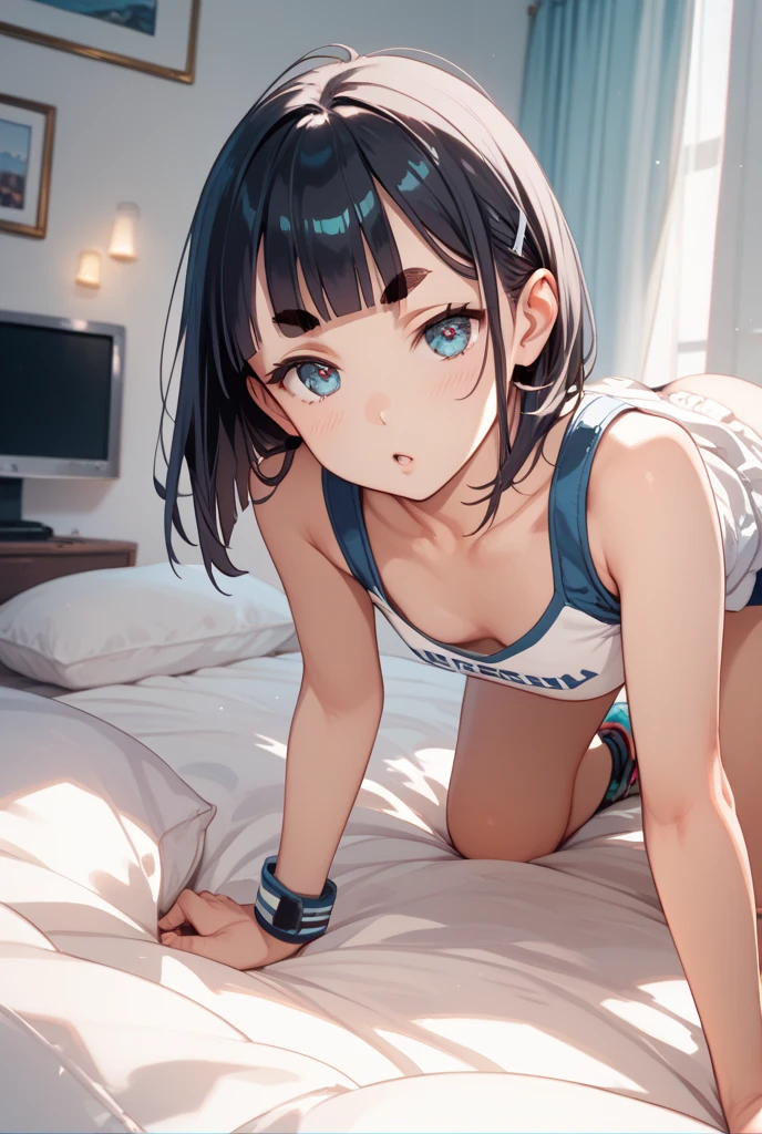 (masterpiece, best quality), 1girl, close-up face, (from front:1.2), (on all fours on the floor:1.2), (looking down:1.2), break girl, casual,Japanese 、 (bra:1.2), breast gap, medium breasts, hanging breasts, downblouse,、leaning forward、Random hair color、 ８K, highest quality, masterpiece, super detailed、、、young face、、full lips、Pale blue eyes、、blush、lipstick、medium breasts、perfect hands、detailed hands,、、Health Room,On the bed、Worried look、I&#39;m worried、On the bed、On the bed、Health Room、I&#39;m worried、Hospital room