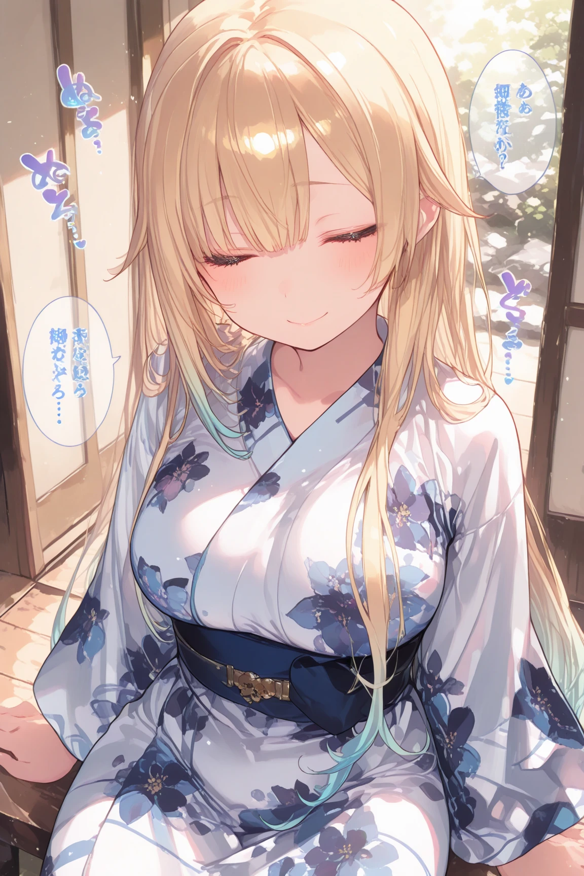 (Masterpiece, Top quality:1.5), (1 beautiful girl, solo), sitting, Blonde, medium Hair, wavy Hair, asymmetry bangs, swept bangs, airy hair, large breasts:1.2, 16 year old, standard weight, (yukata :1.3), grin:1.3, blush, beautiful scene of street, blurry background, magnificent panorama view, blurry background, closed eyes