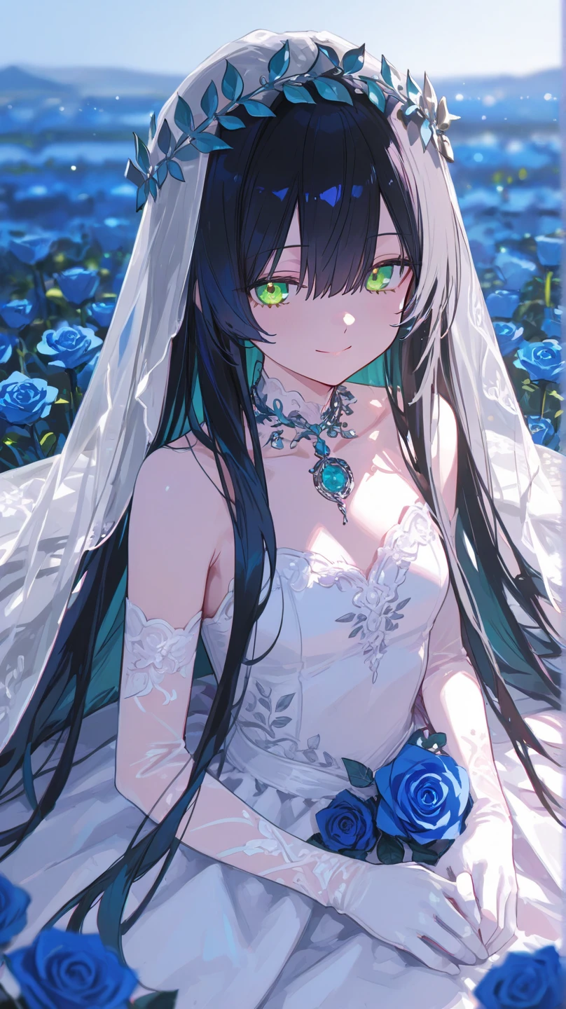 (masterpiece, best quality, beautiful and aesthetic:1.3), look back, side view, 1woman, ((very mature woman)),(30 years old, thirties), solo, light smile, (blue hair streaked black:1.4), (Gradient blue hair ends:1.6), hair strand, absurdly long hair, single sidelock, wavy hair, shiny hair, floating hair, (deep blue eyes), delicate eyes, aqua eyes, super high detailed eyes, long upper eyelashes, makeup, Focus on face, Very detailed facial, Pretty Face, Perfect breasts, hot body, (Delicate skin texture:1.2), bridal veil, (Red lace-trimmed dress), see-through, (Red wedding dress), (nipples are erect), outdoors, white roses, garden, morning, standing, extreme detailed, light smile