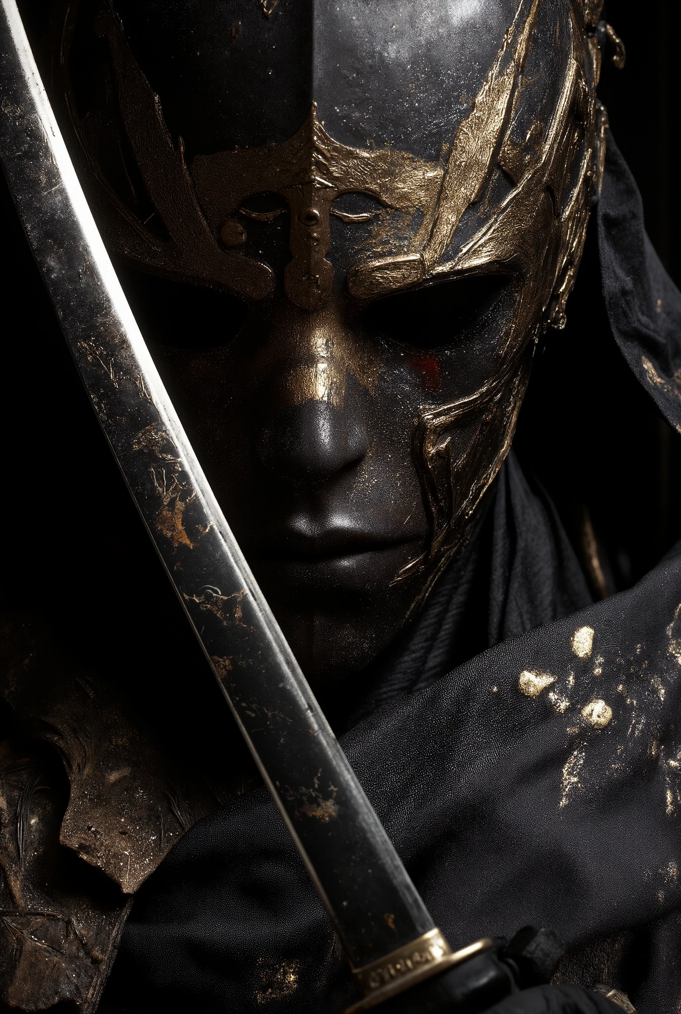 long shot!Full Body Map、Black Japanese Samurai Pictures, Sword fighting、Sword、Soft Side Light , Dark Environment, Black Overlays Black, very detailed, Embroidered Makeup Scrolls, A Style Masterpiece by Anders Zorn and Alexi Briclo, artistic lighting、Supreme Masterpiece、