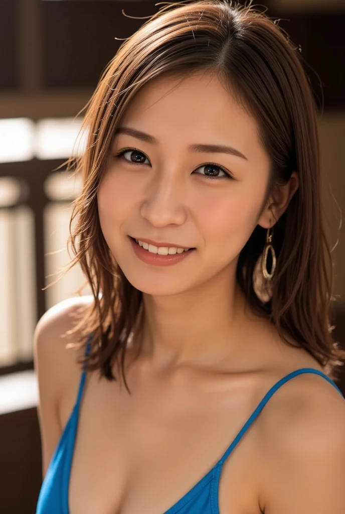 ((Highest quality)), ((8K)), ((masterpiece:1.3)), (Perfect look), (Photorealism:1.6), (JMA), (KE), (Portrait of a Japanese mature woman), Blurred background, Japanese women, 60 years old, ((Realistic skin texture)), (Fine wrinkles appear all over the skin), (Dullness), (Unmoisturized skin:), (Facial wrinkles), (Wrinkles around the eyes), double eyelid, Lower eyelid tear trough, The eyes are looking here, Serious look, (Dimples), BREAK(Red lips), BREAK ショートヘア, Smiling gently, Soft summer dress, Wide armholes, Sleeveless, pumps, Small breasts, Small breasts, Flat Chest, (Flat breasts), (Slimming), (Upper Body), View from the feet,