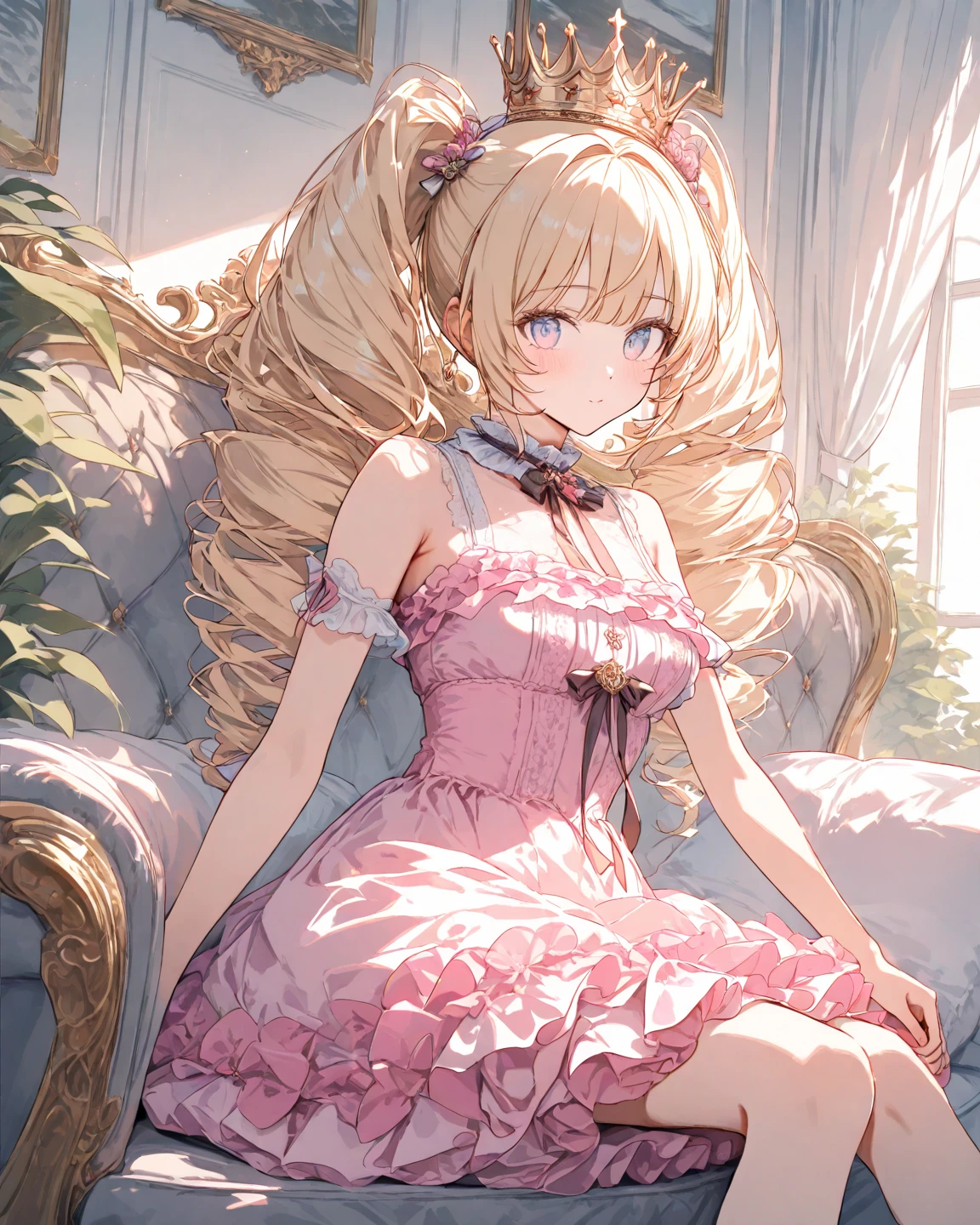latifafleuranza, latifa fleuranza, (yellow hair:1.5), blue eyes, long hair, (flat chest:1.2),
BREAK diadem, tiara, elbow gloves, gloves, white gloves, dress, frilled dress, long skirt, frilled skirt, corset, (pink dress:1.5),
BREAK looking at viewer, full body,
BREAK indoors,
BREAK (masterpiece:1.2), best quality, high resolution, unity 8k wallpaper, (illustration:0.8), (beautiful detailed eyes:1.6), extremely detailed face, perfect lighting, extremely detailed CG, (perfect hands, perfect anatomy),