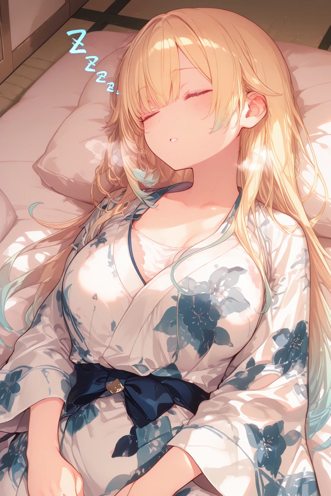 Masterpiece,Best quality,{{Large breasts}}, leg belt, Platinum blonde hair, ninjartist, hidden eyes, Green eyes,Bracelet,mature, mature, Obi, White Japanese_clothes,black kneehighs, single kneehigh,{{Mature female}}, Earrings,in a bad,Lying,((((Putting up with_face))),{{{Putting up with_face}}}, NSFW,, Animate,one breast out,{All_all fours}, a matural female,on top of the bed,(Side view) --auto