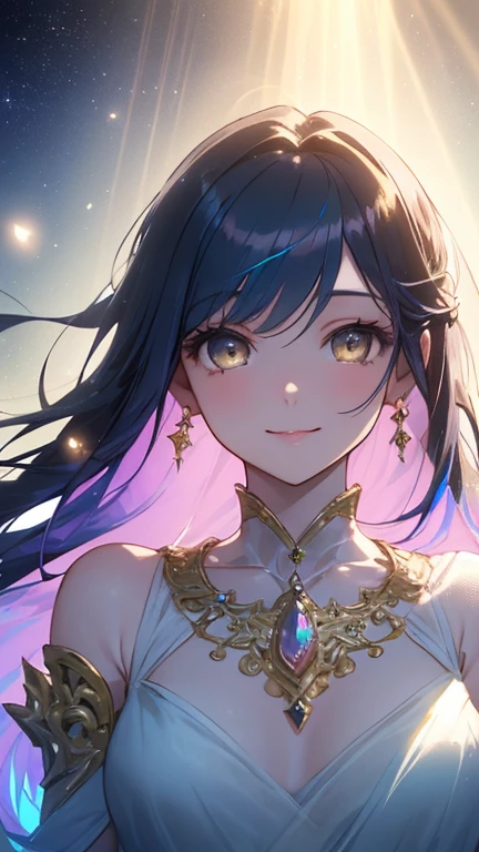 An artistic representation of a girl with black hair, highlighting her captivating expression and perfect skin, in an ethereal environment with soft lighting and vibrant colors. She is surrounded by magical elements and exudes an epic presence, Digital illustration with refined details, --ar 16:9 --v 5