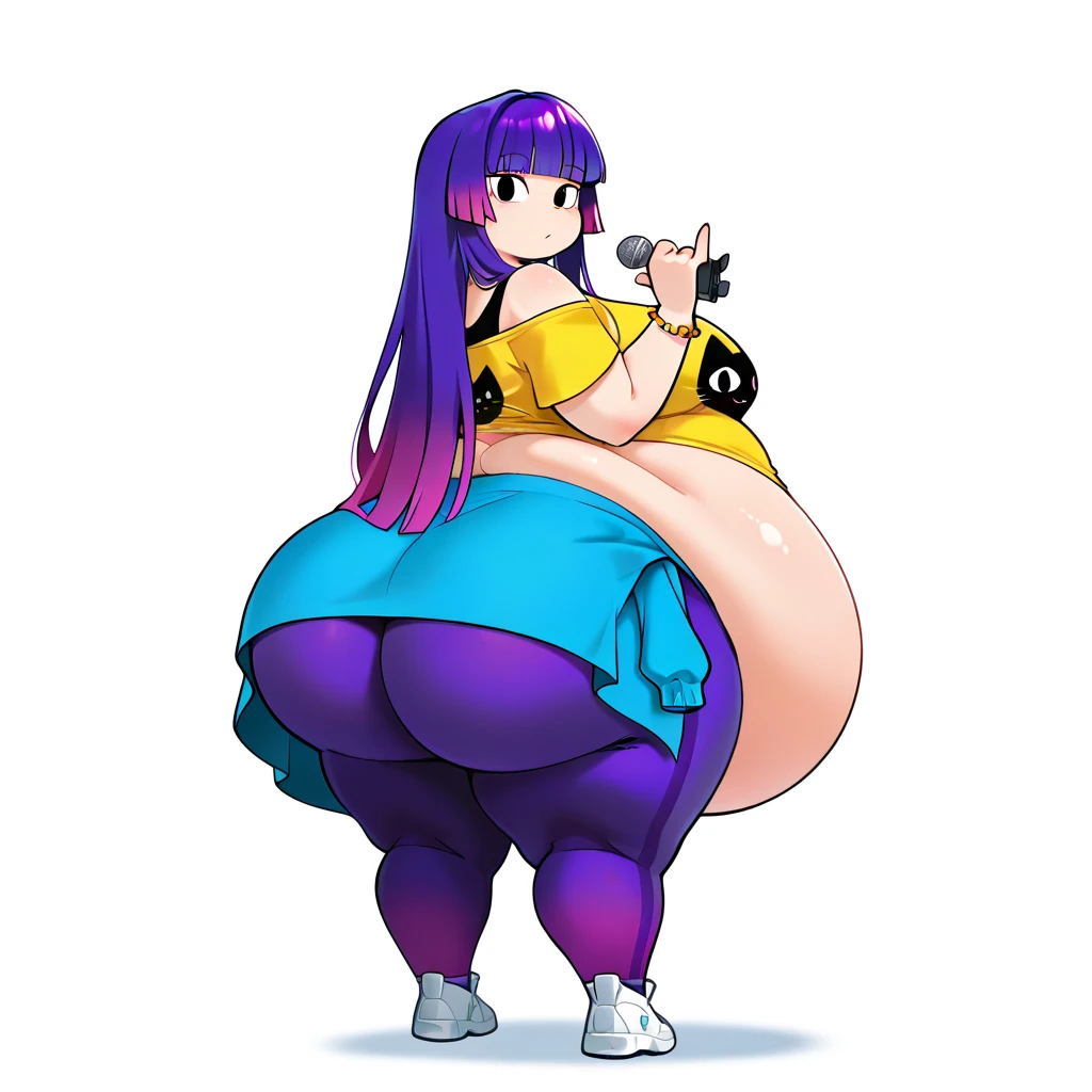 glitch techs, miko kubota, long hair, purple pants, black undershirt, yellow shirt, off shoulder, jacket around waist, smile, wide hips, bracelet, animal print, purple hair, vore , dark bedroom, standing, rubbing belly, deep navel, (human shaped belly), (person inside belly),(bellysag:1.2), huge belly, score_9, score_8_up, score_7_up, score_6_up, score_5_up, score_4_up