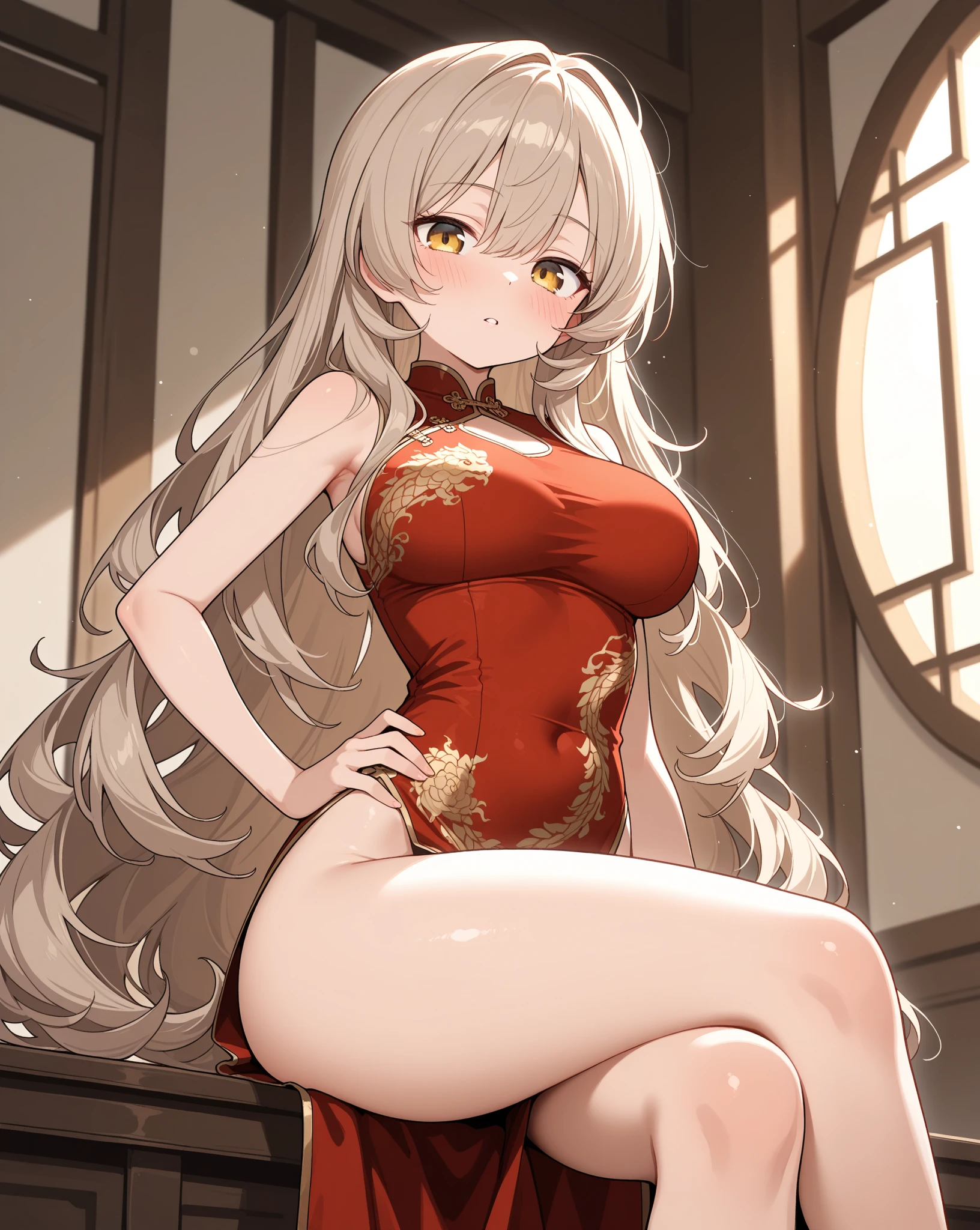 ((2D Beautiful Girl、top-quality: 1.2、perfect fingers: 1.2、perfect anatomia: 1.1、Perfect outfit、face perfect: 1.1、Beautiful illustration))、(Transformation Sequence)、14years、Solio、A Princess、Fractal Art、a baby face、((stright long hair))、(Slurry legs)、Large sagging eyes:1.1、(1人)、red blush、uptight、Canine ears、dress room、maid style tops、(leotard)、