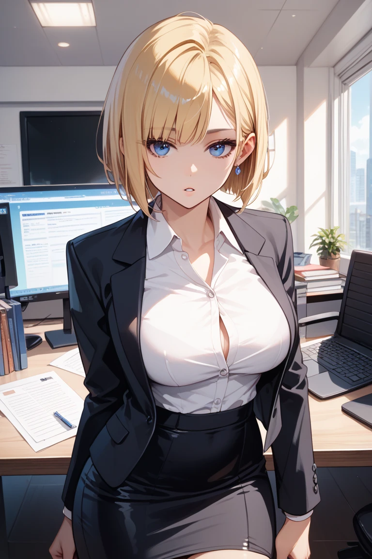 High resolution, 2D anime style,blue eyes beautiful eyes,high and beautiful nose,Skinny face,boyish blonde short hair,Short up-hair,cool woman,beautiful clock,Chest is slightly larger,she looks very serious,biting one's lips, she was very angry, she narrows her eyes,Fashion that shows cleavage, Wearing an unbuttoned white shirt,leather red pants,Wearing a long black coat, Formal fashion,wear a coat,Sitting in an office chair,company office
