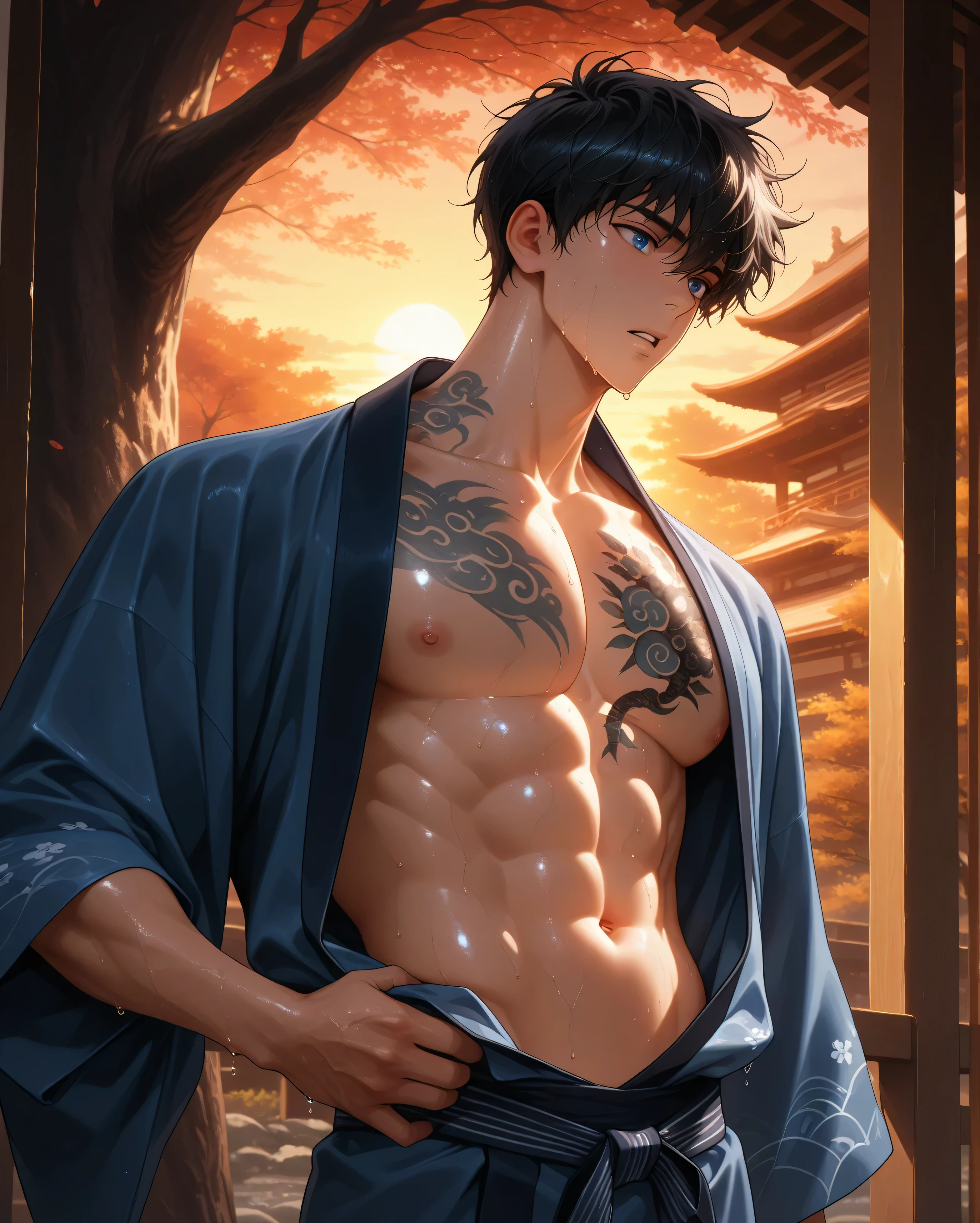 solo, MALE, sung jinwoo, parted lips, black hair, short hair, messy hair, blue eyes, athletic body, large pec, sexy, handsome, japaness traditional blue kimono, open kimono, revealing toned chest and navel, left chest tattoo, manly, sweating, wet of sweat, one hand on the waist, stand leaning on a big tree, japanese palace, masterpiece, best quality, amazing quality, very aesthetic, absurdres, newest, summer scenery, sunset