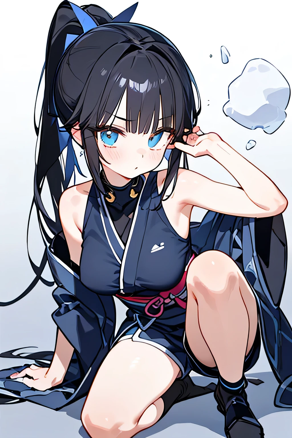 Cool ninja style，Beautiful girl，（cool x ponytail），Mysterious Atmosphere， natural body，Hand guard，（（Ninja costume＝Sleeveless x navy blue kimono＋Long hem x shorts＋Niso）） socks，Detailed Clothes，（Slender Body，marshmallow breasts ，），BEAUTIFUL BLACK HAIR，Beautiful blue eyes ，well-groomed face，Clear Skin，Fair skin，Japanese face，