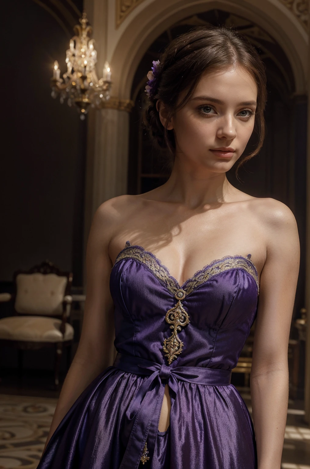 (realistic:1.3), finely detailed, quality, rembrandt lighting, (masterpiece:1.2), (photorealistic:1.2), (best quality), (detailed skin:1.3), (intricate details), dramatic, ray tracing, 1girl, french girl, 21 years old, detailed skin texture, (blush:0.5), (goosebumps:0.5), subsurface scattering, smiling, medium breasts, very deep cleavage , ((deep cleavage)), braided hair ring, hair loops, hair between eyes, hair ornaments, necklace, jewelry, ballgown, wearing a ballgown, purple dress, gold embroidery, ((purple dress with gold embroidery)), puffy sleeves, short sleeves, full body, (bright sunny day),