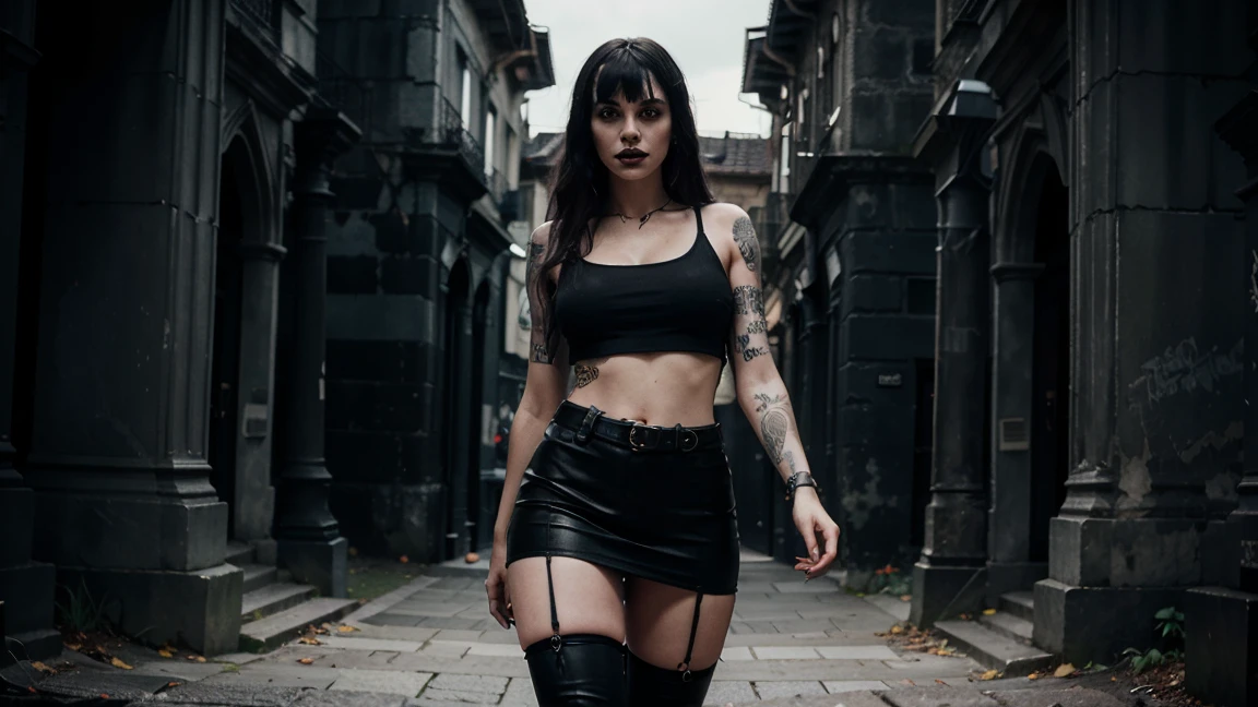 Best Quality,Masterpiece,Ultra High Resolution,(Realisticity:1.4),Original Photo,Cinematic Lighting, 1girl, solo, Metalhead Style girl at night under the moonlight, Hot Body, ABS, tattooed, wearing ripped black pants, black clothes, fit body, heavy metal style, heavy metal art style, heavy metal concert background. realistic, datailed, detailed face, 4K.