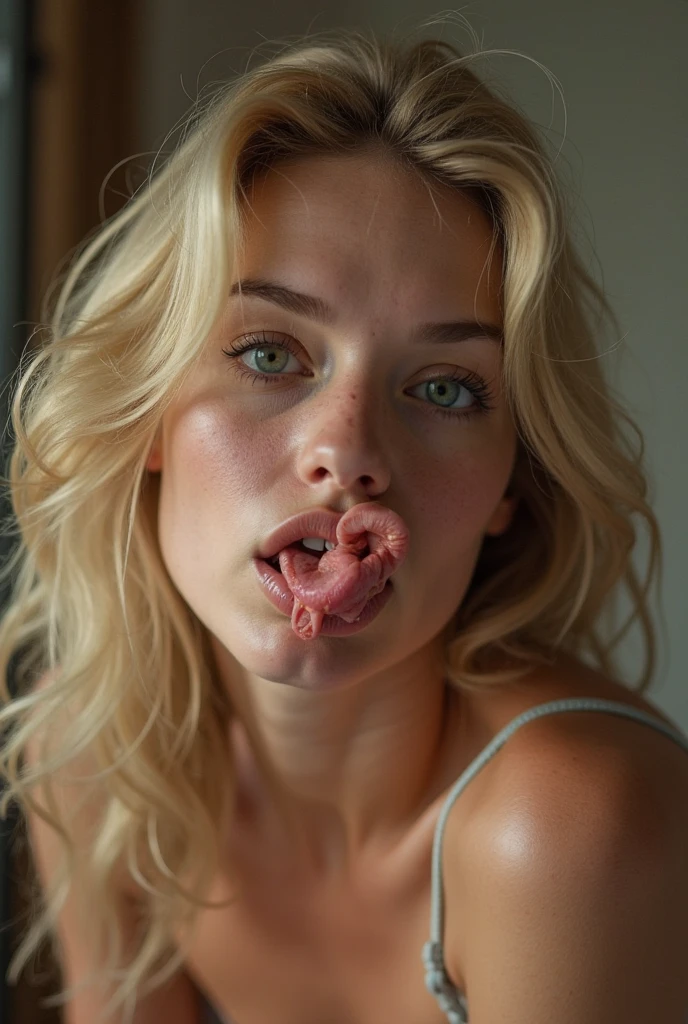 (ultra realistic),Photo, high quality, аналоговая Photoграфия Ahegao , (low illumination from below, Light from below), (neon atmosphere) ,portrait, 1 girl, Ahegao, blonde,(hair in a bun on top), detailed eyes, (ultra detailed),