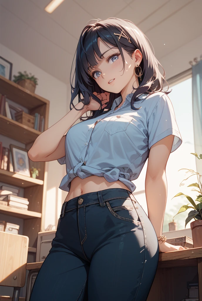 (highest quality:1.4)、(High resolution)、Detailed Background、(beautiful face in every detail:1.4)、Anatomically correct、(Draw the normal number of fingers:1.2)、(Detailed facial expressions)、beautiful, Smooth skin、きめ細やかでbeautiful肌, 18 year old girl、(beautiful胸, Huge breasts:1.5), valley, Cute hair colors、Black Hair、Short Bob, Braided Bob, Realistic、Perfect body line、Calm atmosphere、Elegant and cute、Feminine atmosphere、(Highly detailed face:1.4)、Cute gestures、Big smile, ((Cowboy Shot, zoom)), ((White gym clothes with round neck, White shirt)),Red shorts with side stripes,Jersey,
(楽しい時間を過ごしているbeautiful女の子:1.5), 
School,classroom, Blue sky outside the window, Dynamic Background,