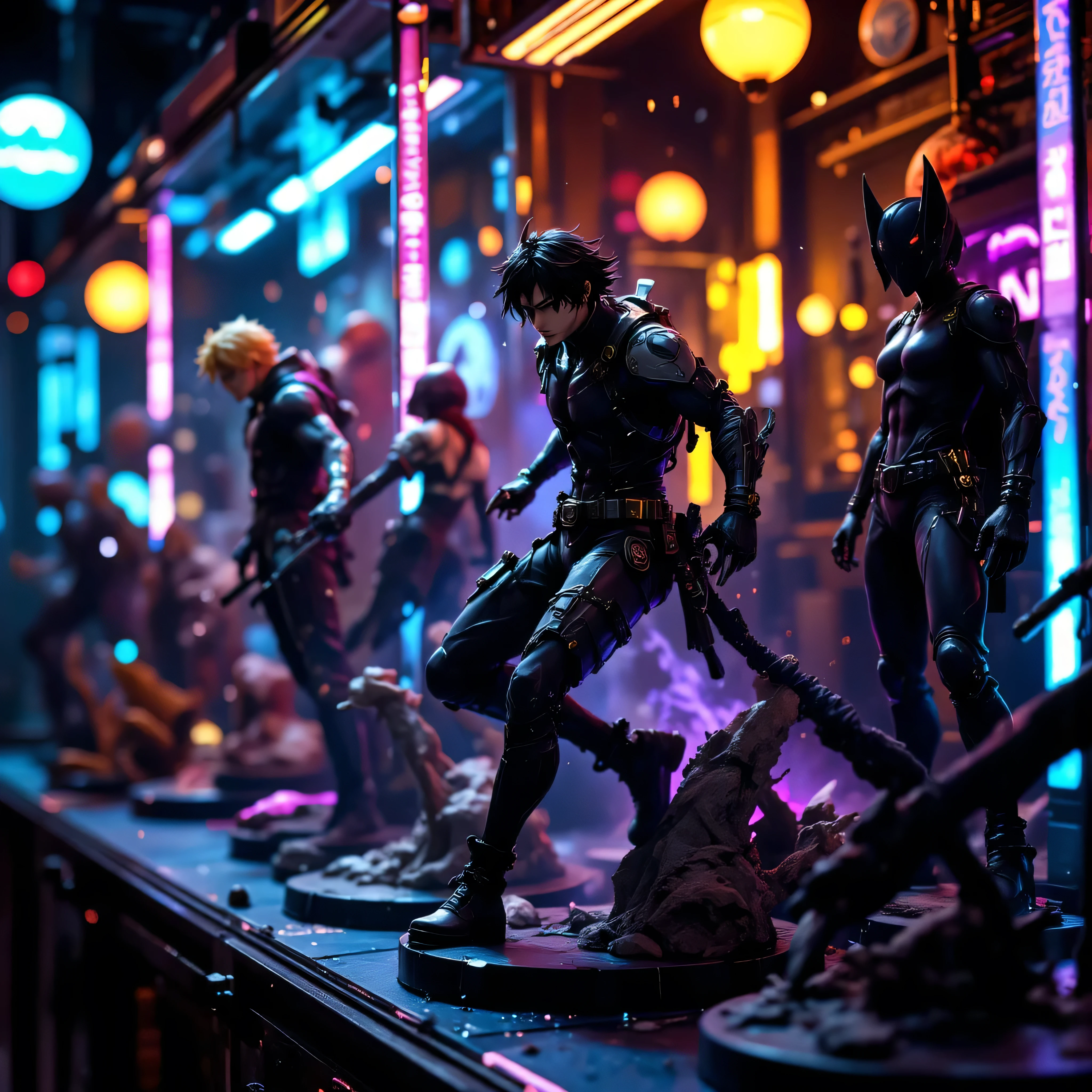 sharpness, extremely visible, poster style, Ultra-detailed anime figure collection, full of dynamic action statues in battle poses, glowing RGB lights reflecting on transparent display case, cyberpunk neon ambiance, intricate sci-fi and fantasy designs, cinematic lighting, warm color tones with magical dust particles floating, dramatic camera angle, extremely high detail, hyperrealistic textures, extremely clear image, high-quality rendering, Masterpiece, high-quality, high detail, ultra-detailed, complex texture, details, 32k, extremely clear image
