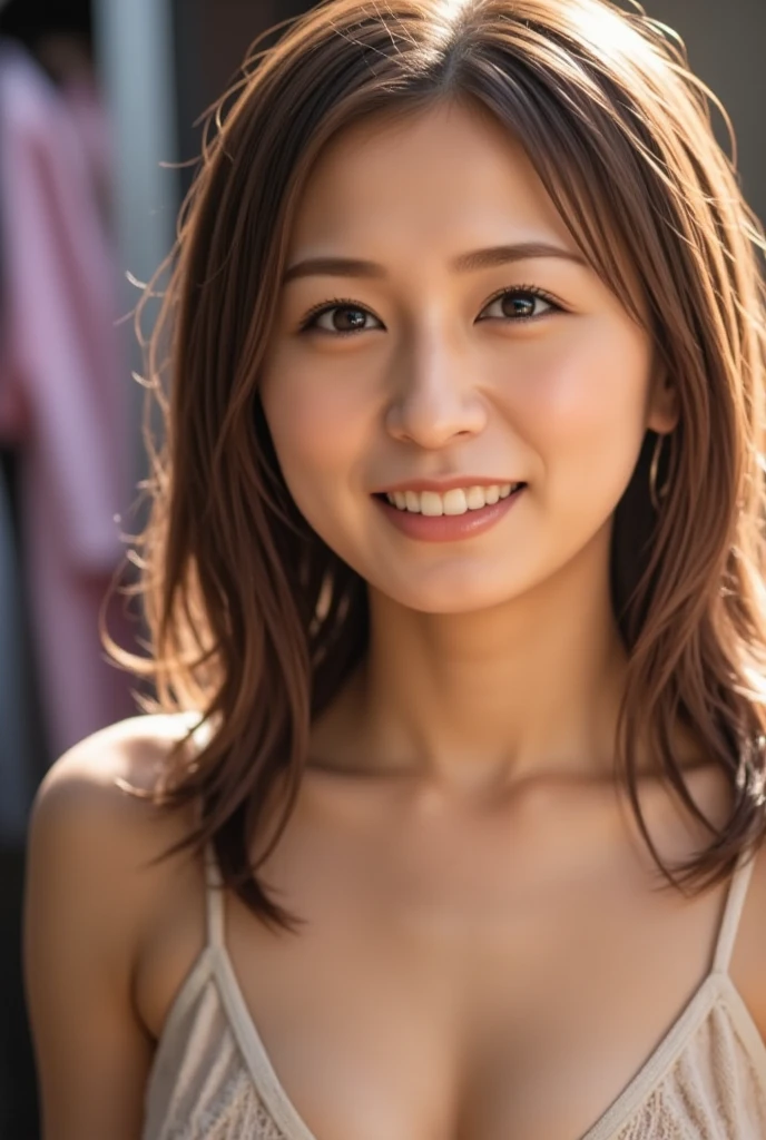 NSFW:1.3:((highest quality、8K resolution、master masterpiece、portrait:1.3)), Photoreal, 35mm film, 1 Japanese female,Beautiful woman, on the street during the day, wrinkles around the eyes,((sexy lingerie:1.3)) , (outdoors_city street: 1.3), jumbled background,look at the audience,(Tokyo cityscape:1.3),big breasts:1.3,laughter
