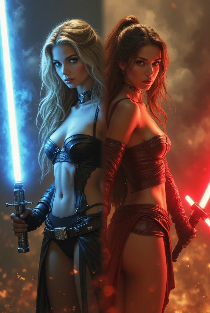 Women in StarWars slave outfits fight against droids with lightsabers and laser pistols