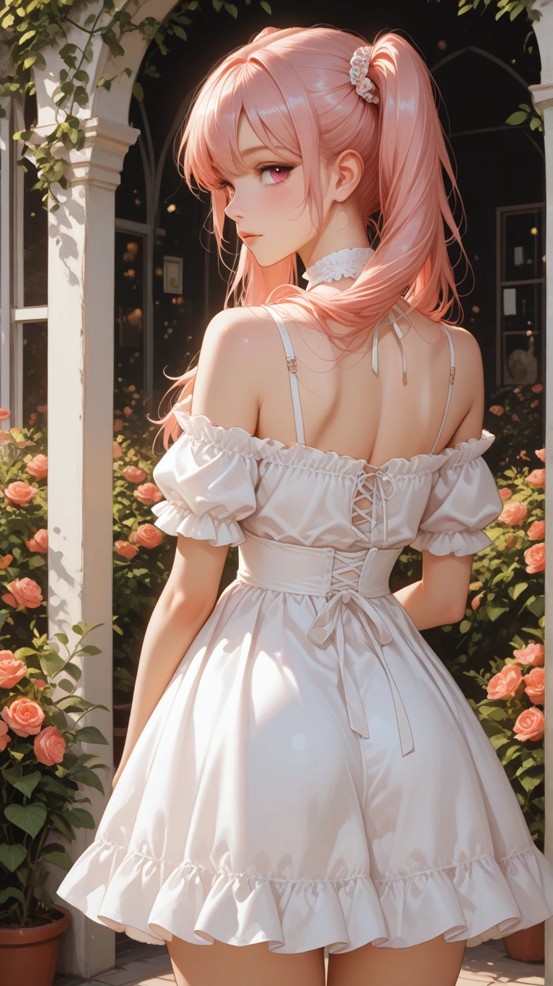  best quality, tmasterpiece,Ultra-high resolution,Clear face,（Reality：1.4），ferpect lighting，(upper body photo), (photorealistic:1.50), anime wallpaper, Guviz style artwork, cover-up fantasy up to magic , by Yang J, Guviz, beautiful artwork illustration, beautiful digital artwork, beautiful digital illustration, Li Song, beautiful anime portrait, art style in Beauvot, 1girl,独奏,medium breasts,outdoors,(full body:1.2),(from behind:1.2),ruanyi0194-2,wedding dress,white dress,white thighhighs,hair ornament,standing,, 