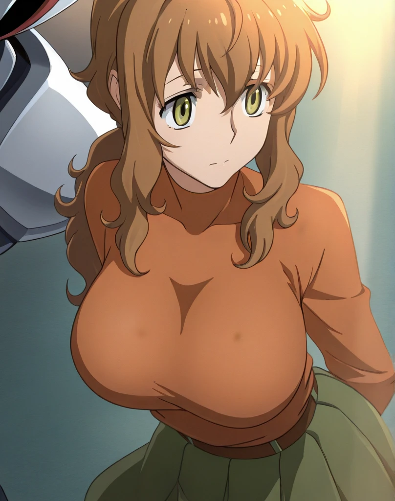(Top quality, 8K, Masterpiece: 1.2), anime art style, Super detailed, Illustration, Yuigahama Yui's mother, 30's body, medium breasts, adult, Mature look, orange eyes, smile, between the eyes, 1 girl, bun hair , shiny hair, focus only, looking at the viewer, alone, (gloves, dress, cleavage, just shoulder, separate sleeve, sleeveless, elbow glove, belt, white dress, clothing cut out, cleavage cut out),stylish pose, stylish angle, in the center of the image, cowboy shot