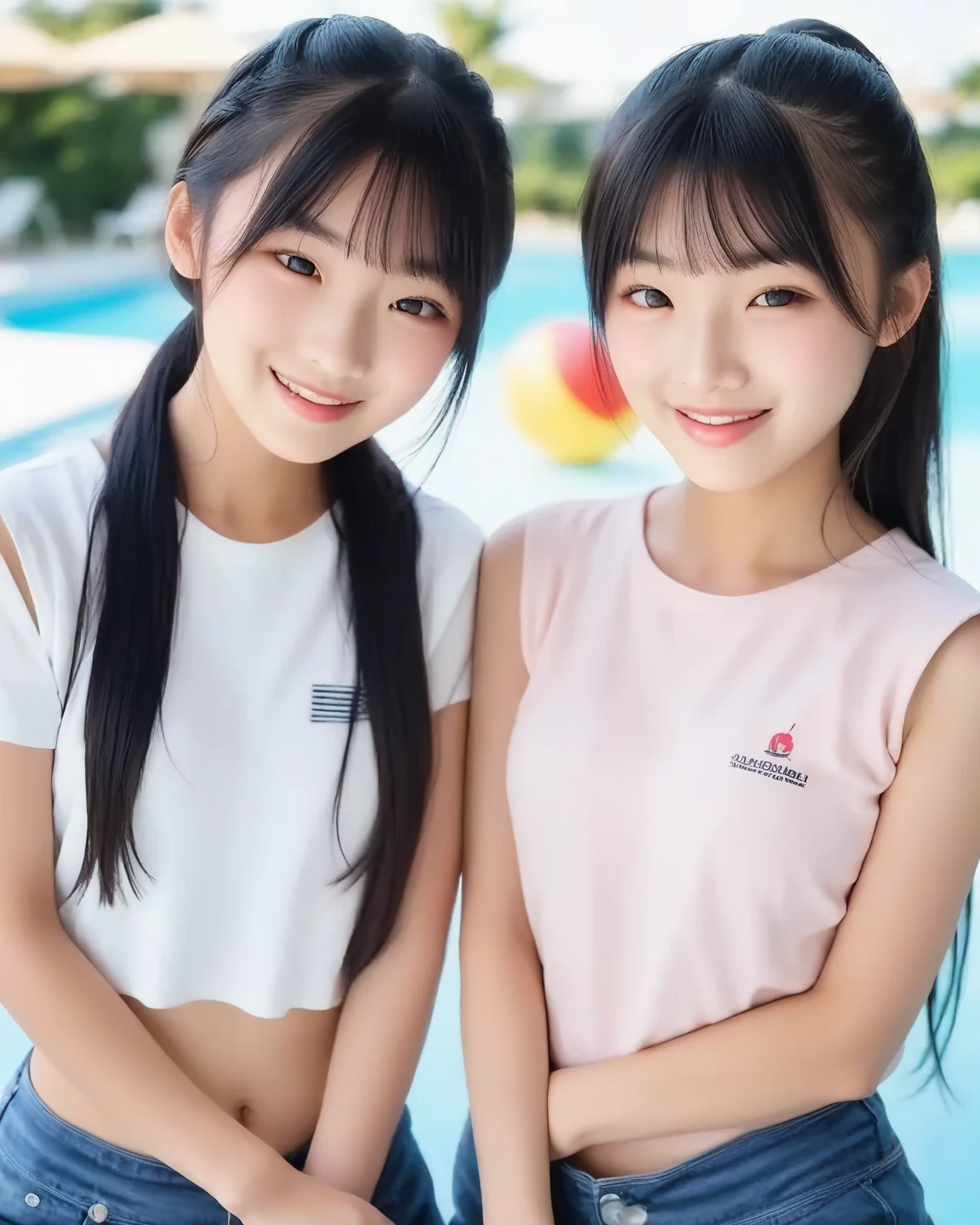 Two girls (2, Japanese cute face) are wearing white Tshirts, mini skirt at the beach bar