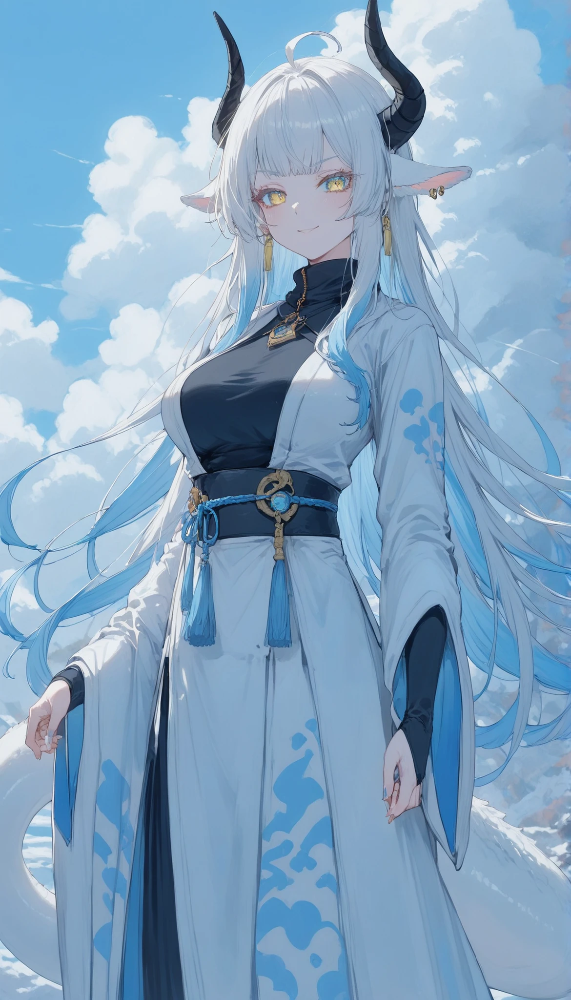 Dragon Girl,white hair,Light Blue Hair,Two tone hair,long hair,With Dragon Horns,slim,Big Breasts,open shoulder,long fabric white kimono,Blue patterned kimono,light blue background,,Long ears ,Dragon tail,yellow eyes and blue eyes,White Mesh Coat,Long Tassel Earrings,piercing earsเขา, Ahoge,smile,winter,Long yucca,Miko,Turtleneck Dress,cloud pattern background,serious,long black scarf,White tail,Lightning god Rijin, BLACK horn ,Handkerchief,4He ,Long Eyelashes,Animal ears,piercing ears,rock piercing,