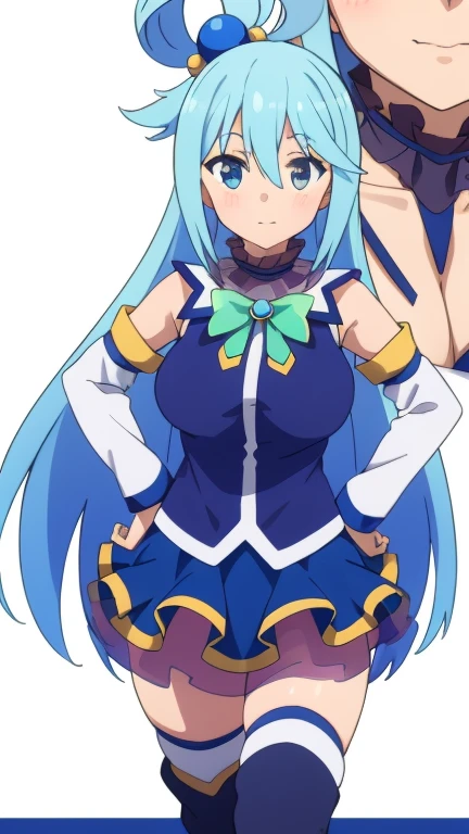 aqua \(konosuba\), ((highres)), Masterpiece, high quality, best quality, beautiful, perfect lighting, detailed face, ultra cute face, (blush), ((1girl)), ((solo)), Separated sleeves, blue blouse, skirt, thigh boots, Hair ornament, Hair ring, Long hair, blue hair, (blush), seductive smile, looking at viewer, standing, medium breasts, (wide hips), ((thick thighs)), pudgy, living room, arms behind back