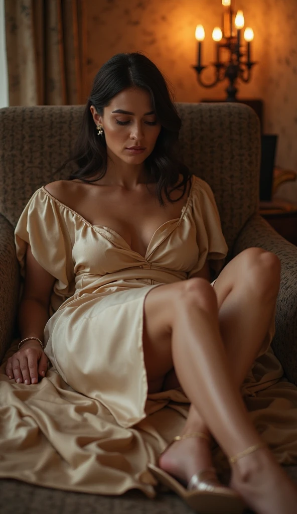 a girl sitting in a house watching tv, photorealistic, 8k, hyperdetailed, intricate details, warm lighting, soft colors, cinematic composition, masterpiece, ultra-detailed, extremely realistic, highly detailed, very sharp focus, physically-based rendering, vivid colors, natural skin textures, flowing hair, elegant dress, comfortable living room setting, cozy atmosphere, realistic fabric textures, glowing screen, detailed furniture