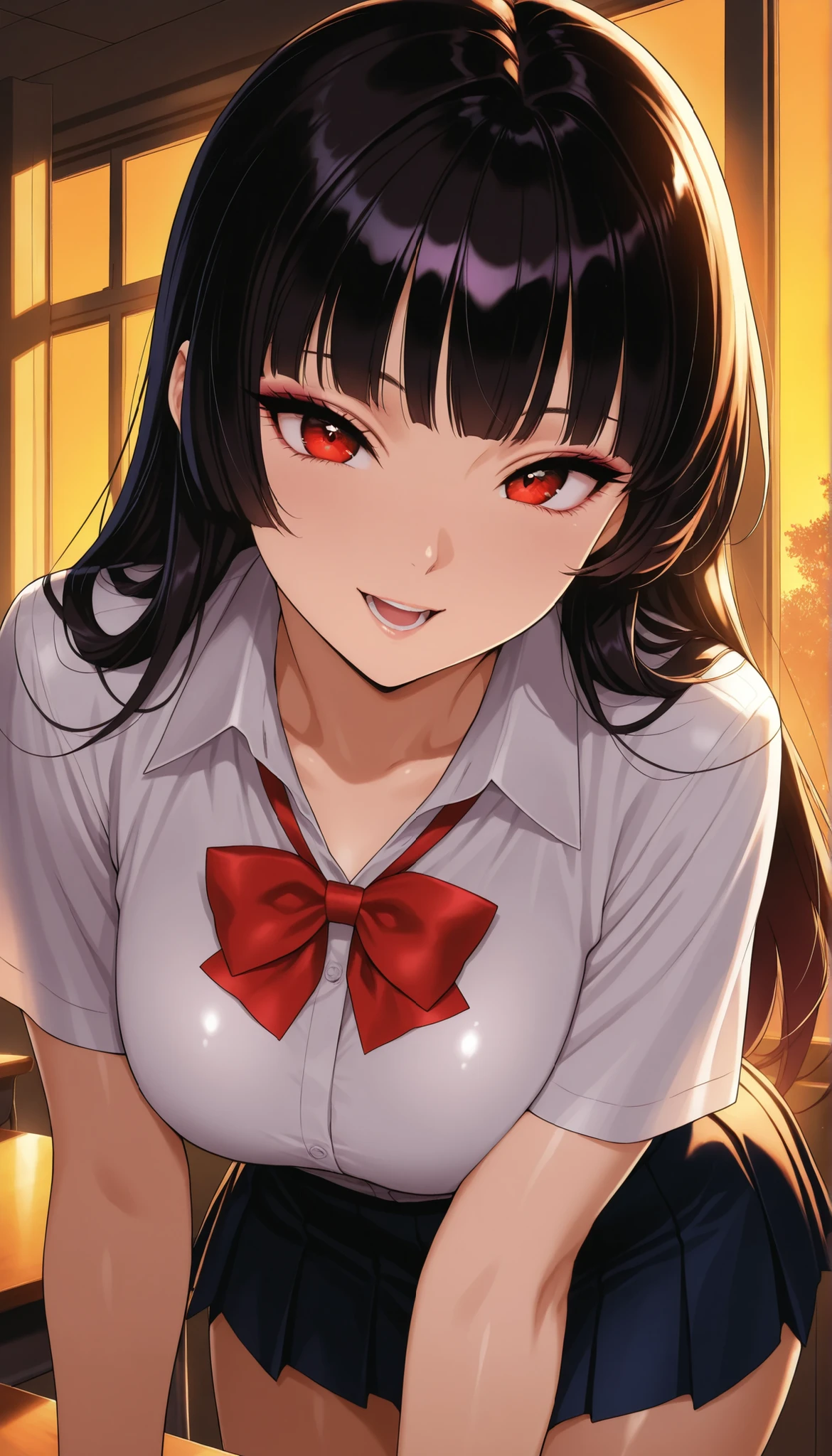 1girl, Sexy女性, classroom at dusk, tilt her head, Sexy, upper body, Beautiful Eyes, beautiful face, School girl, 18 years old, (Comic Eye), dark haired,Princess Cut, curled eyelashes, (School girl服, shirt, Bowtie), pleated miniskirt, Smile, (love), open your mouth, side in the double, evening, Dark Room, Cinematic Writing, masterpiece, top quality, amazing quality, very beautiful, very high resolution, Newest, Realistic, super detail, very detailed, nsfw, Explicit