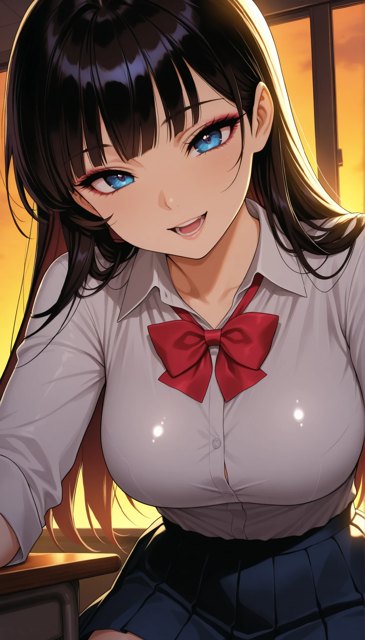 1girl, Sexy女性,  classroom at dusk, tilt her head, Sexy, upper body, Beautiful Eyes, beautiful face, School girl, 18 years old, (Comic Eye), dark haired,Princess Cut, curled eyelashes, (School girl服, shirt, Bowtie), pleated miniskirt, Smile, (love), open your mouth, side in the double, evening, Dark Room, Cinematic Writing, masterpiece, top quality, amazing quality, very beautiful, very high resolution, Newest, Realistic, super detail, very detailed, nsfw, Explicit